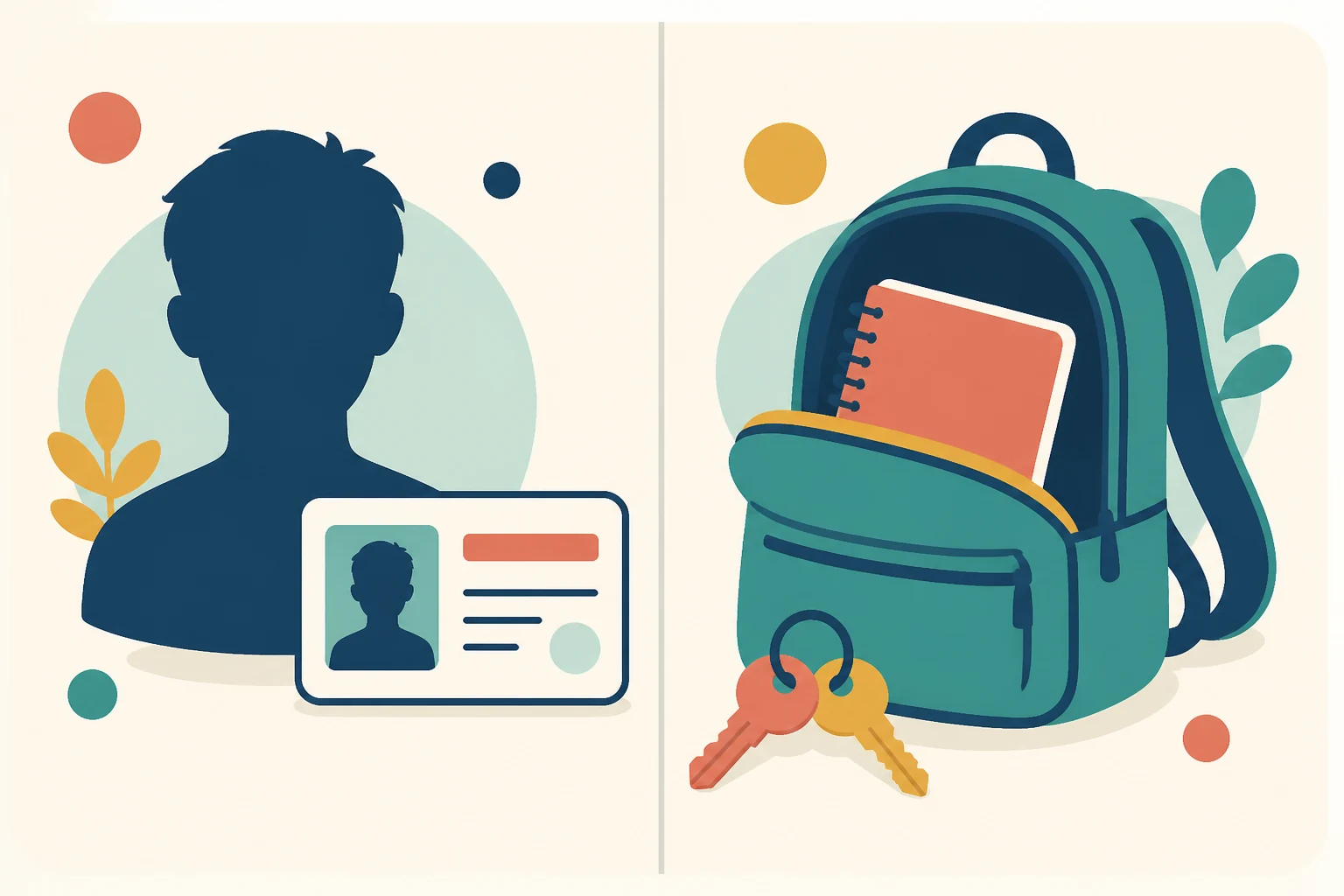 Dos paneles muestran una silueta con tarjeta de identidad y una mochila abierta con llaves y cuaderno.