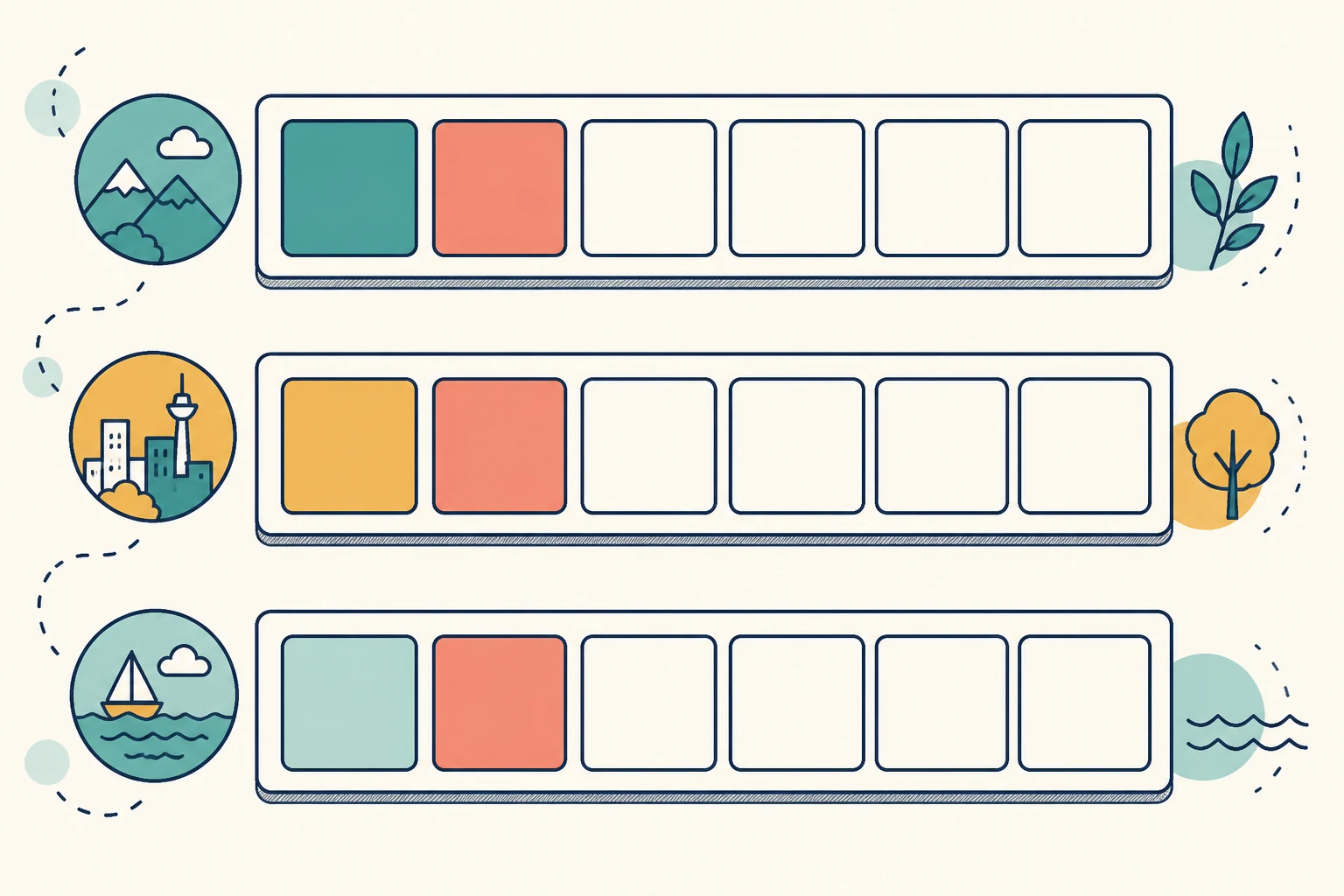 Three sentence boards show different first tiles and the same coral tile in the second slot.