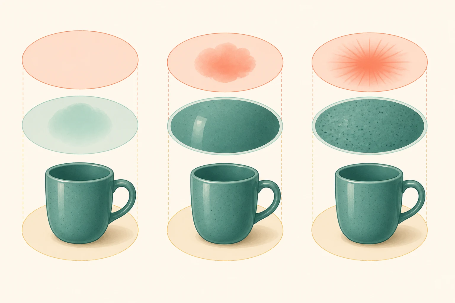 Three identical mugs appear under determiner and quality layers carrying different visual weight.