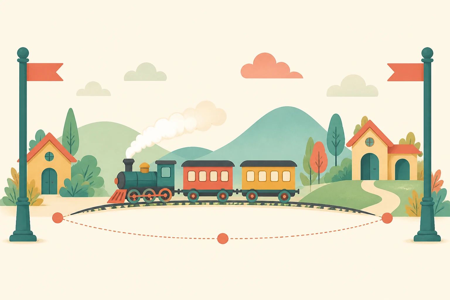 A train follows a completed sequence between two posts, from departure to arrival.