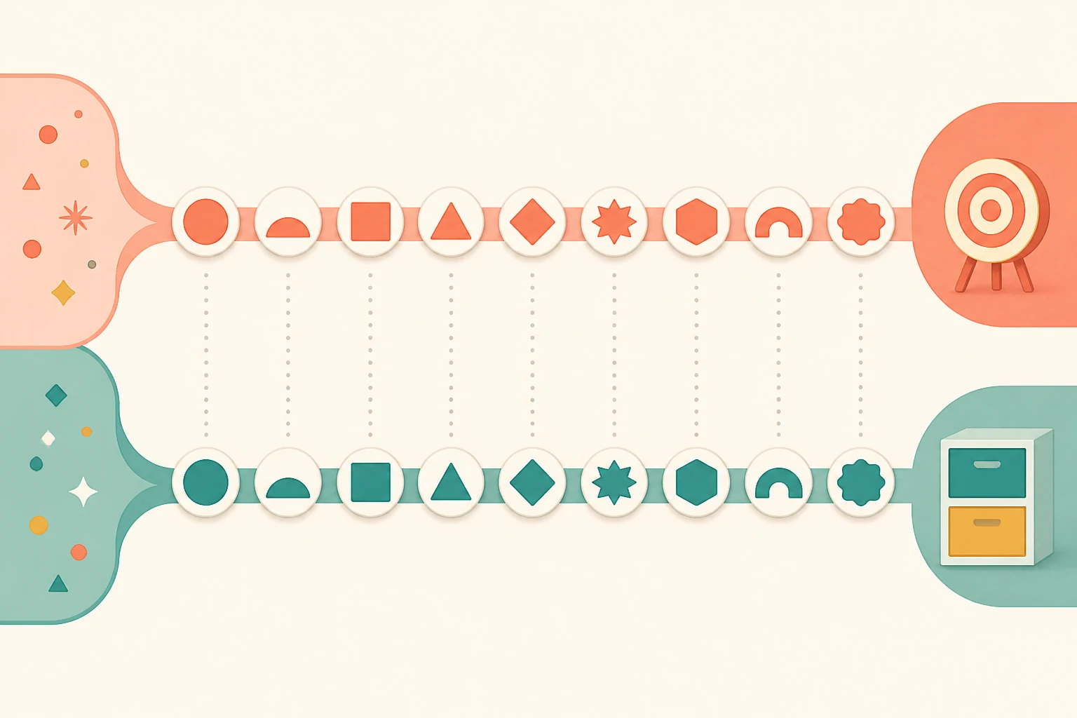 Two parallel tracks compare nine geometric cards matched by position.