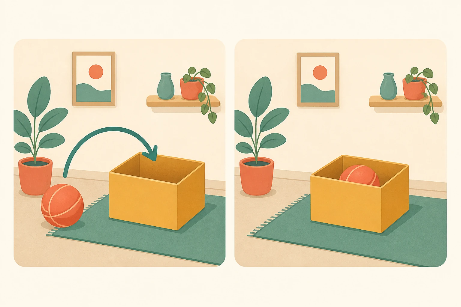 Two panels show a ball entering a box and then resting inside it.