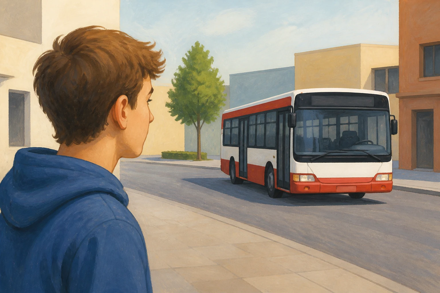 A young person looks toward a single city bus ahead.