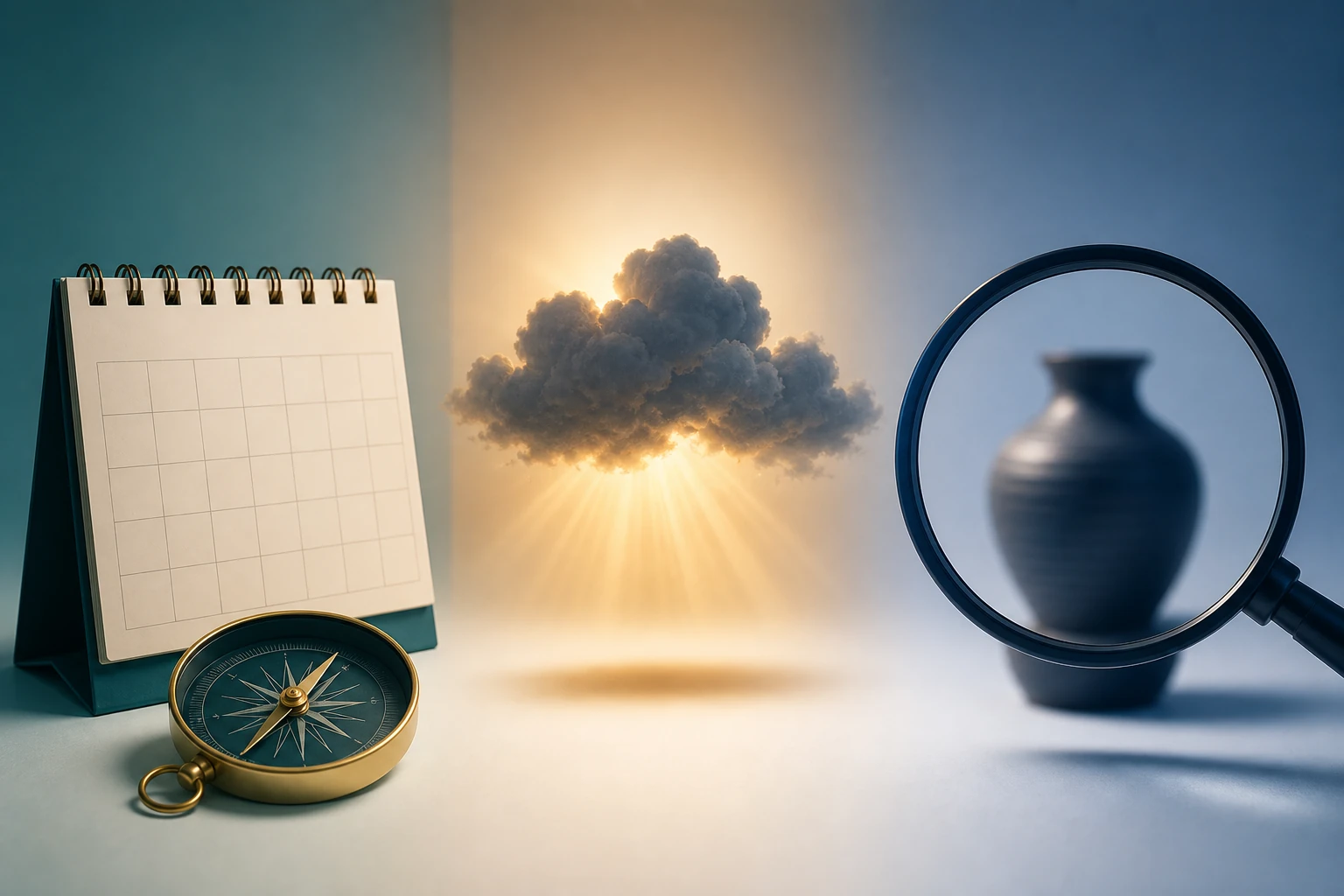 A calendar, a weather cloud and a magnifying glass represent plan, prediction and assumption.