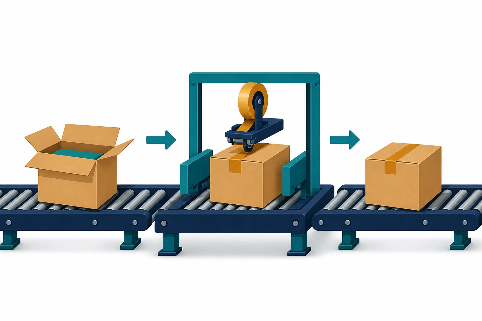 A production line shows a parcel before, during and after sealing, with no visible agent.