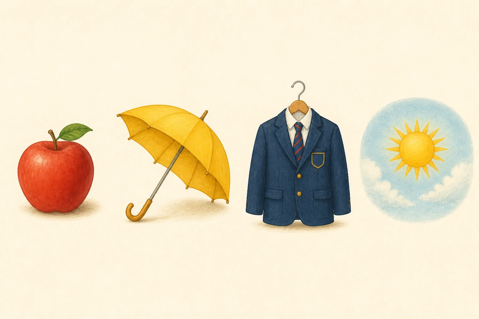 Una manzana roja, un paraguas amarillo, una chaqueta de uniforme azul y el sol, separados.