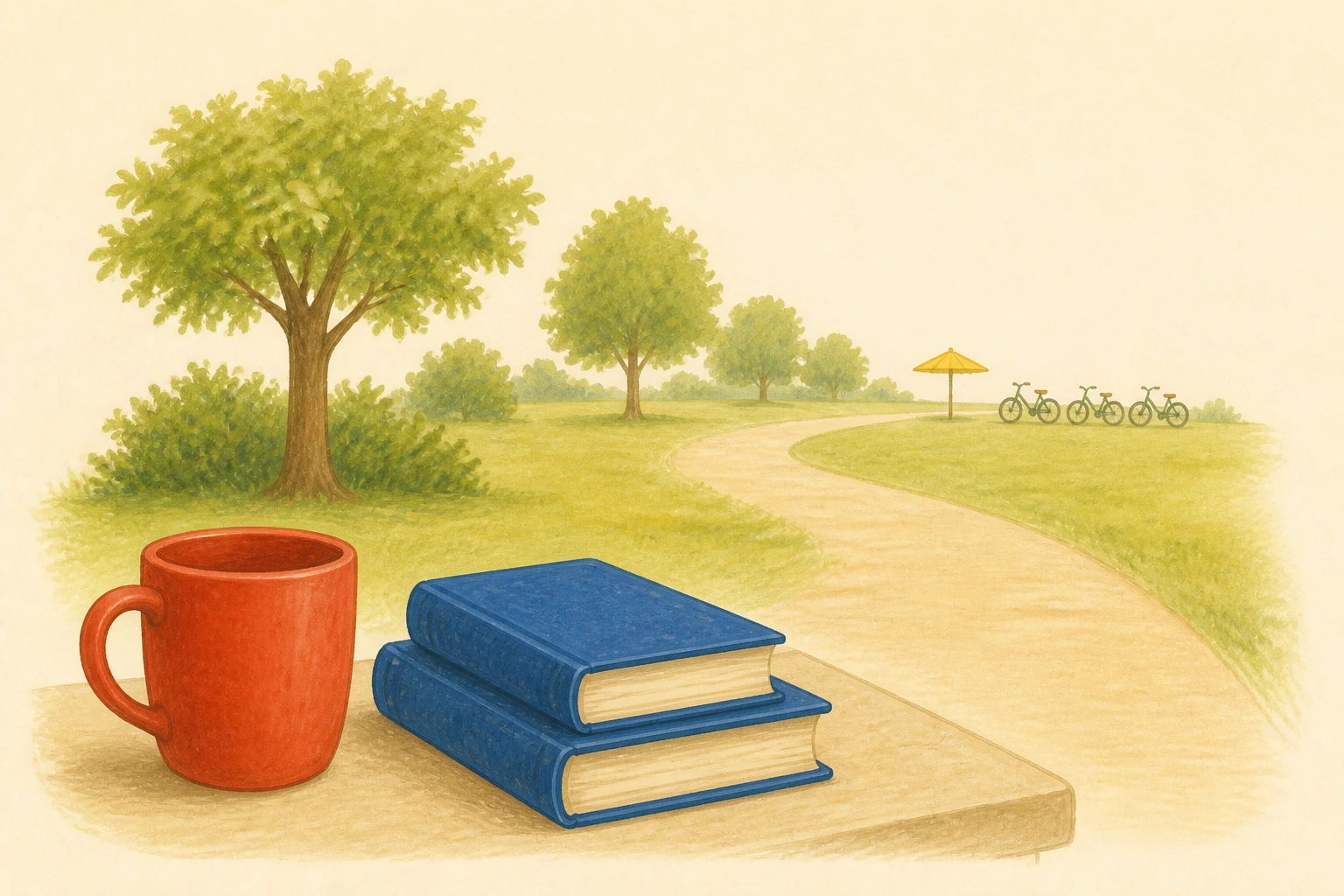 Vicino ci sono una tazza rossa e due libri blu; lontano, un ombrello giallo e tre biciclette verdi.