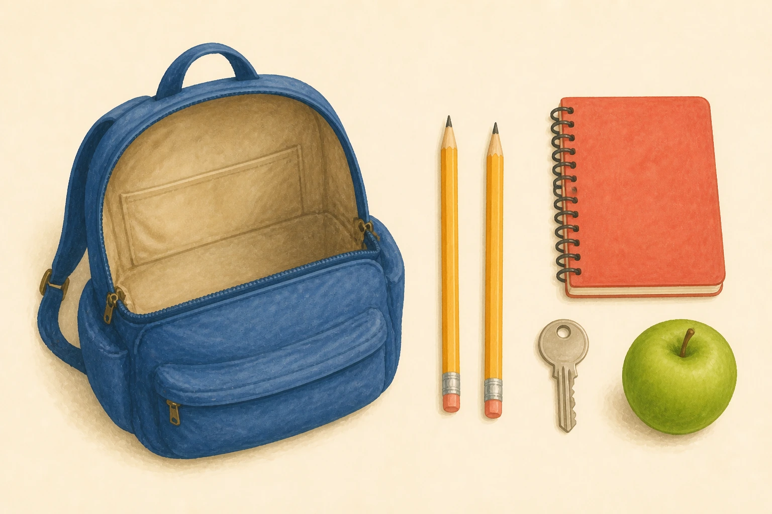 Una mochila azul abierta contiene dos lápices, un cuaderno, una llave y una manzana verde; no contiene teléfono.