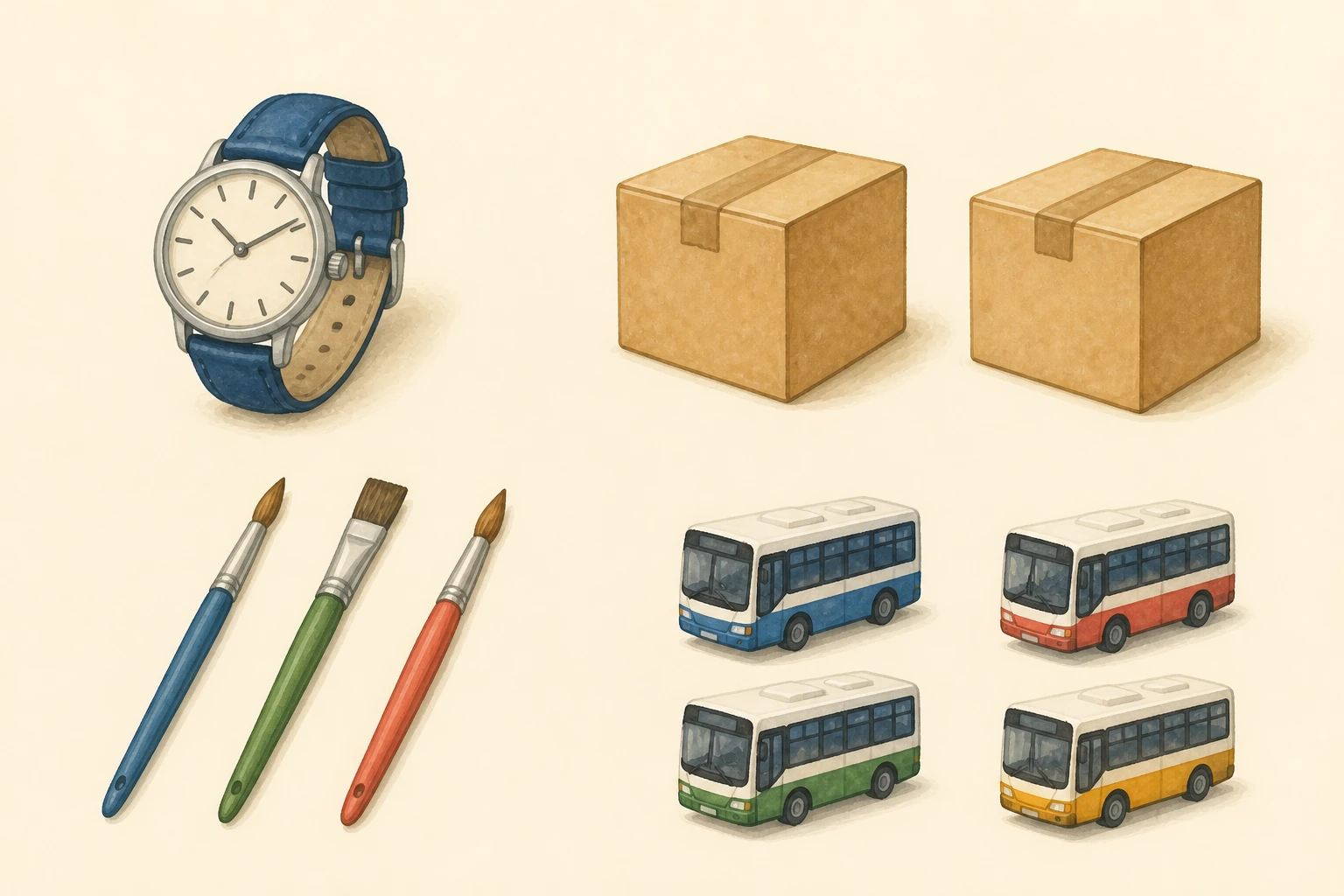 Un reloj de pulsera, dos cajas, tres pinceles y cuatro autobuses de juguete en grupos separados.