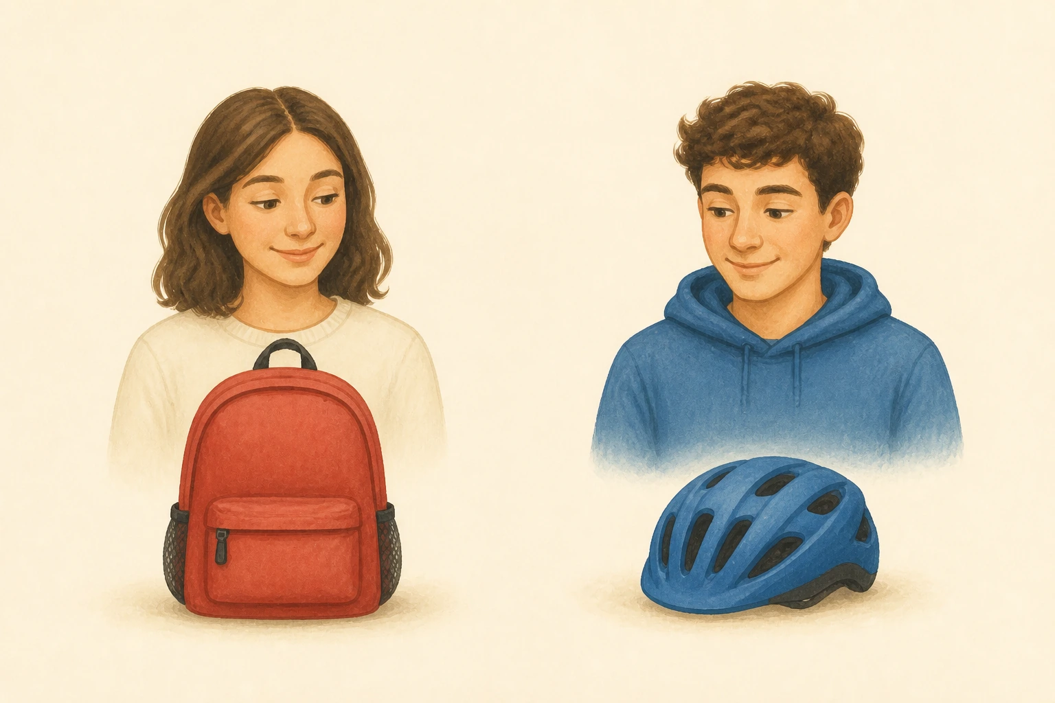 A sinistra, una donna dietro uno zaino rosso; a destra, un uomo dietro un casco blu.