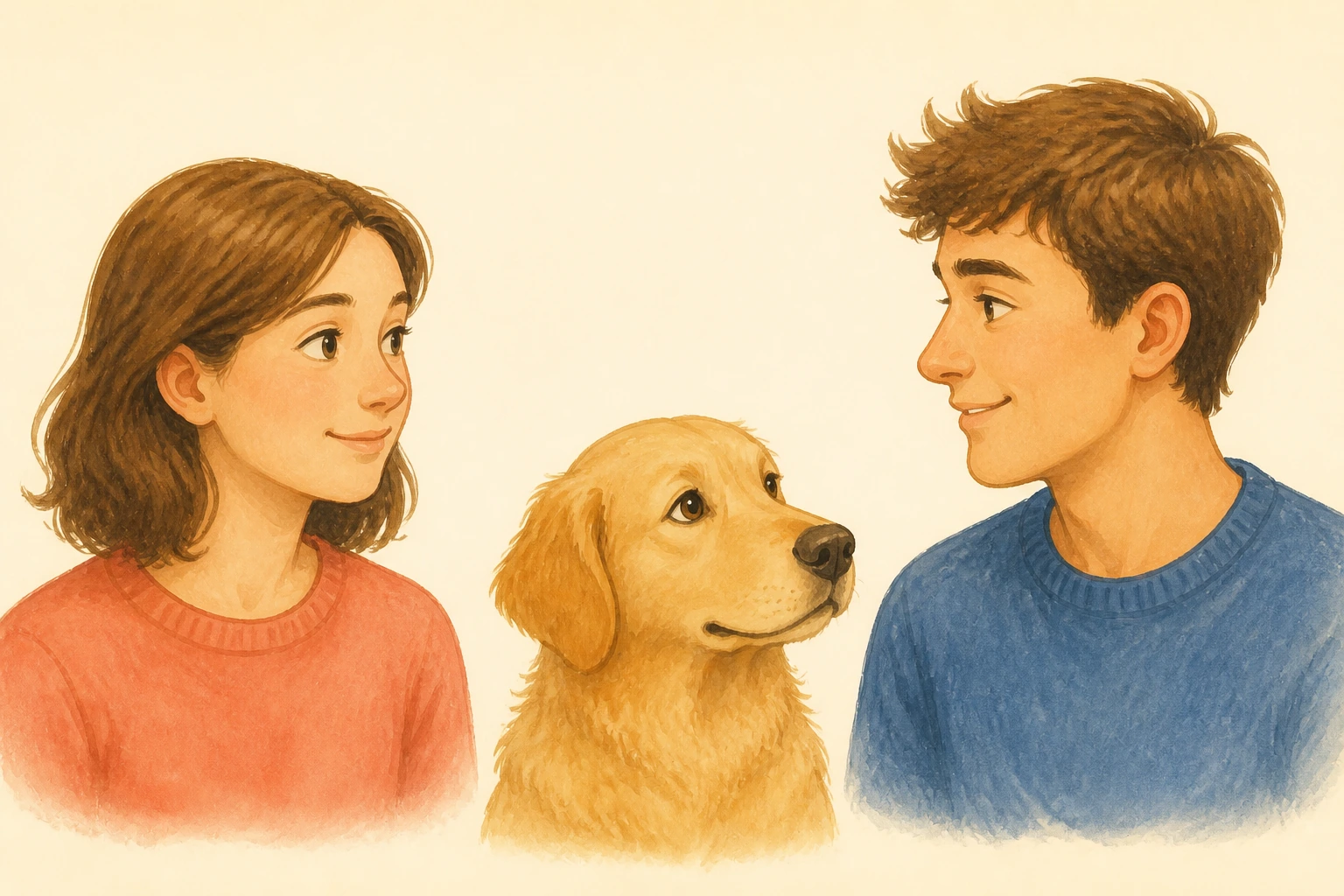 Uma mulher à esquerda, um cão ao centro e um homem à direita; a mulher olha para o homem.