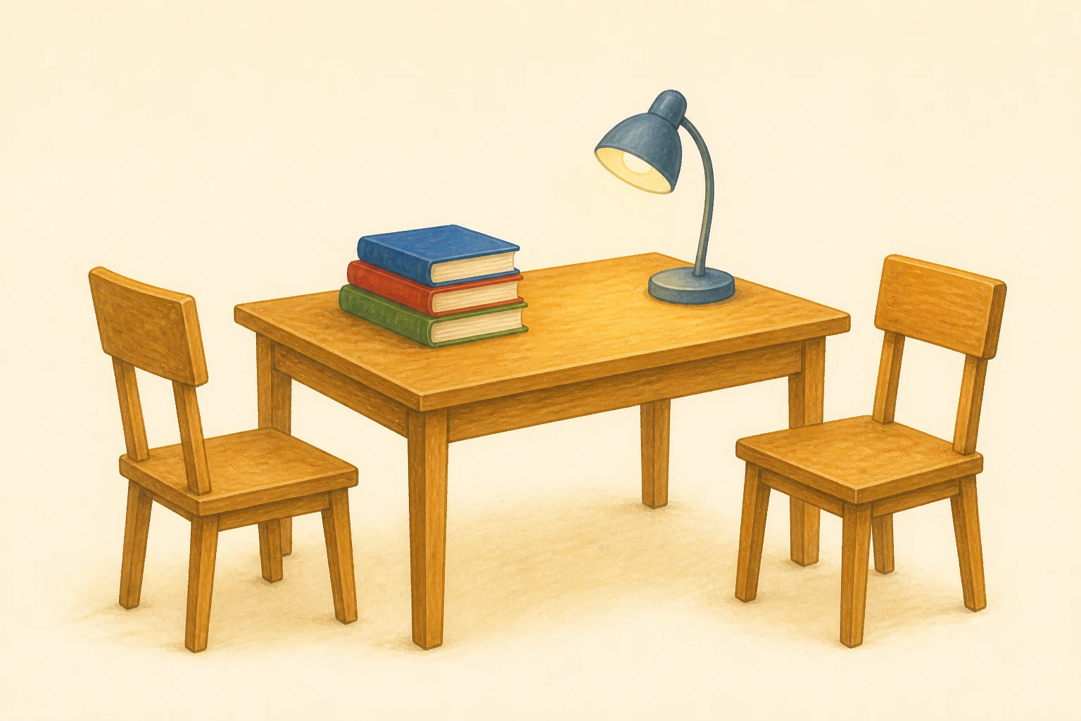 Una stanza studio contiene un tavolo, due sedie, tre libri chiusi e una lampada.