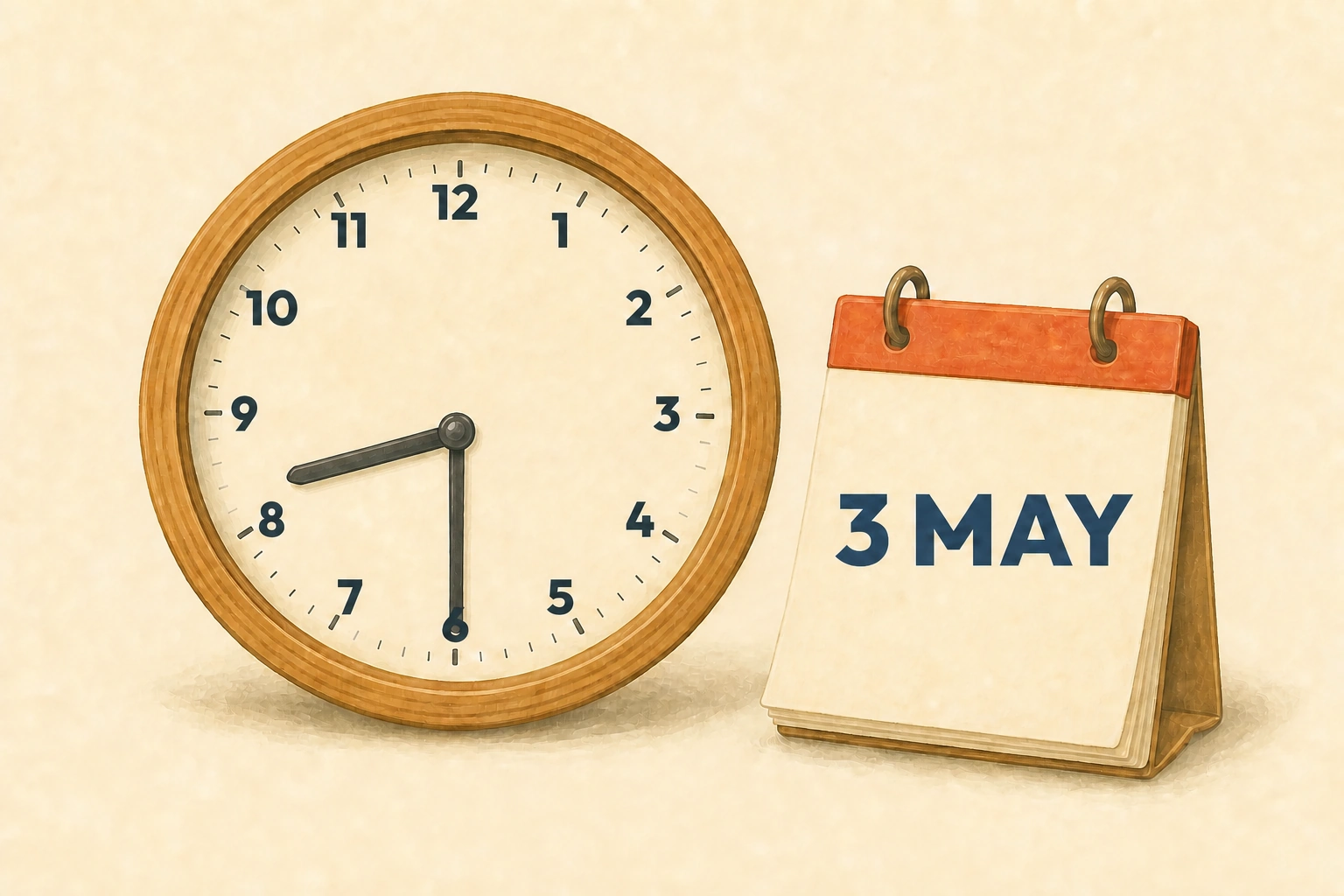 Un reloj analógico marca las ocho y media y un calendario muestra 3 MAY.