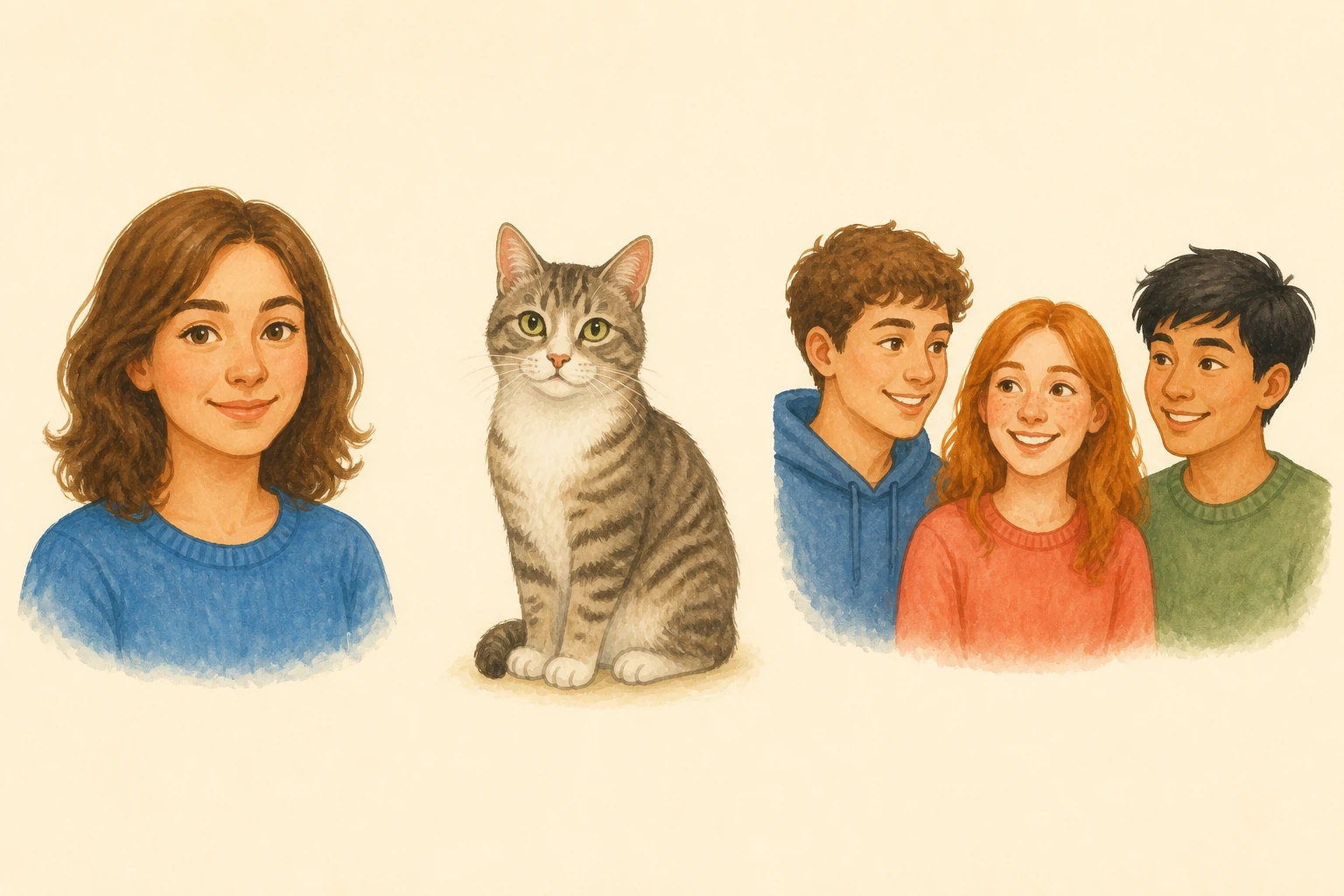 Uma mulher, um gato e três amigos aparecem como três grupos separados sobre fundo creme.