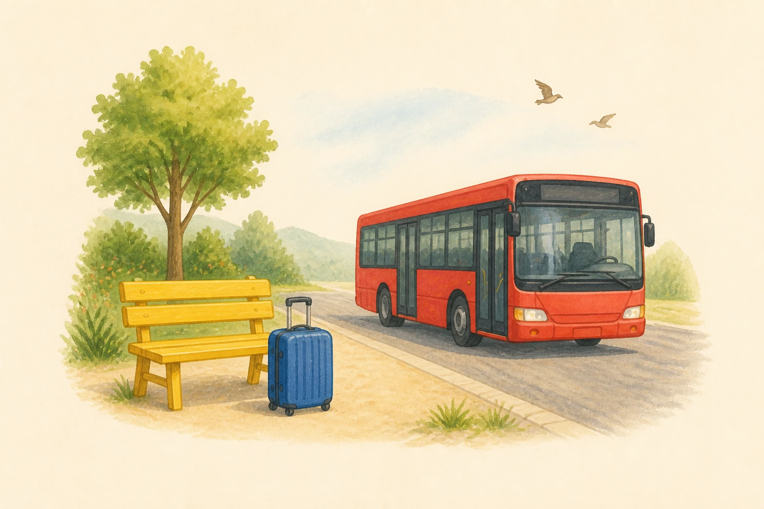 Um autocarro vermelho, uma mala azul junto a um banco amarelo e dois pássaros sobre a cena.