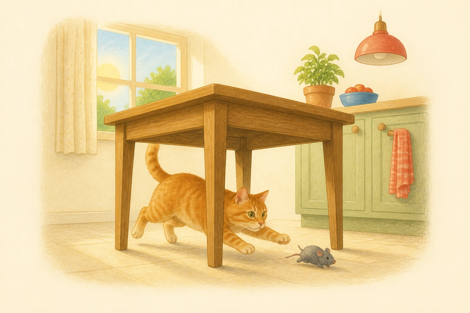 Un gatto arancione insegue un topo grigio sotto un tavolo da cucina mentre entra la luce del mattino.