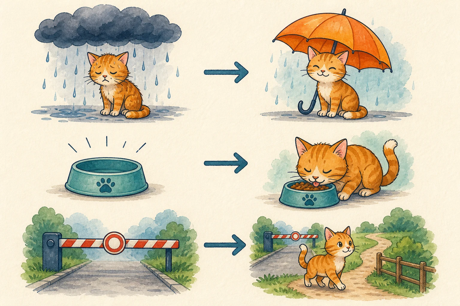 Tres pares con flechas: lluvia y gato bajo paraguas, cuenco vacío y gato comiendo, barrera cerrada y gato por un sendero lateral.