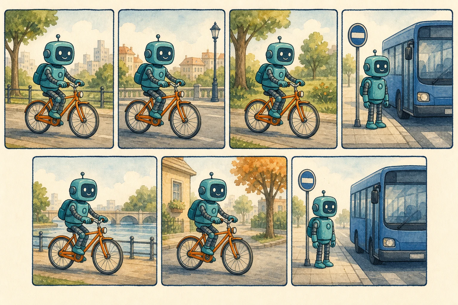 Siete paneles muestran al mismo robot: cinco viajes en bicicleta y dos esperas junto al autobús.
