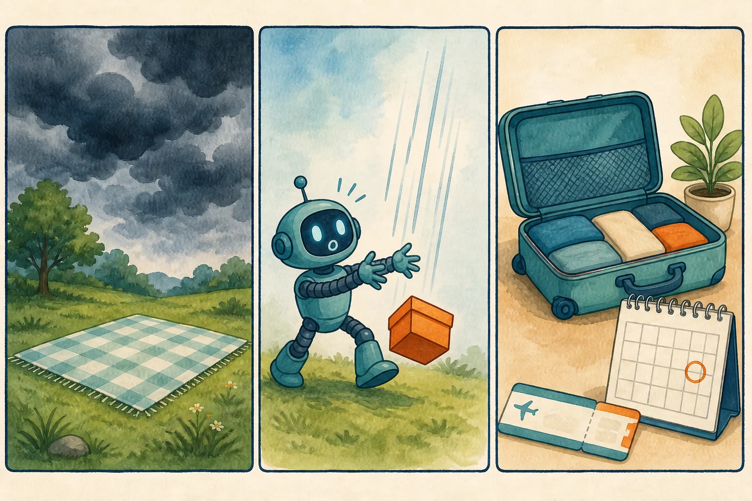 Tres paneles muestran nubes oscuras sobre un picnic, un robot reaccionando ante una caja que cae y una maleta preparada junto a un billete y un calendario.