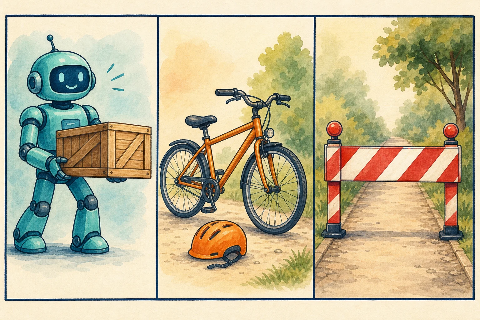 Tres paneles: un robot levanta una caja, un casco está junto a una bicicleta y una barrera roja bloquea un camino.