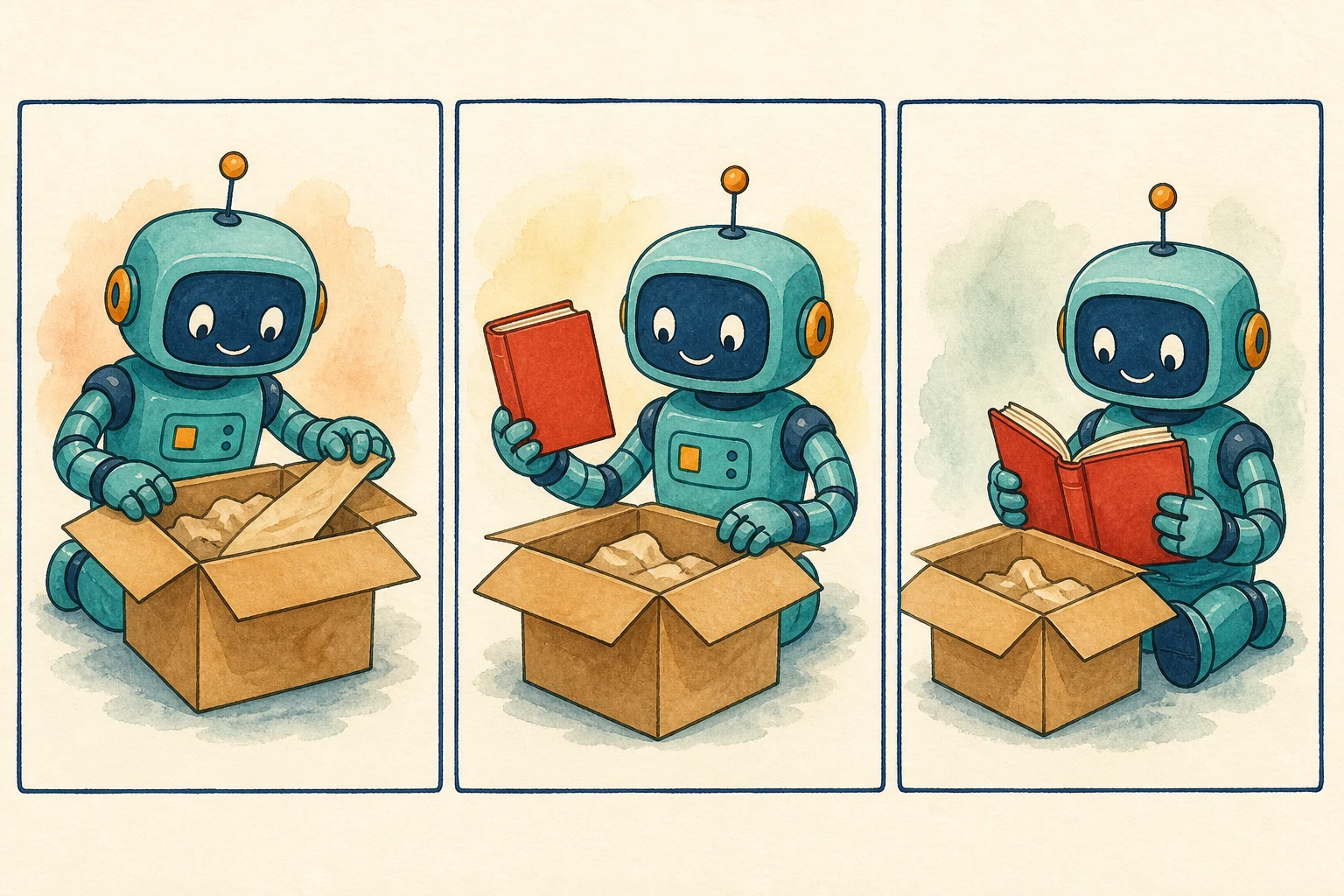 Tres paneles muestran a un robot abriendo un paquete, encontrando un libro rojo y leyéndolo mientras la caja queda abierta.