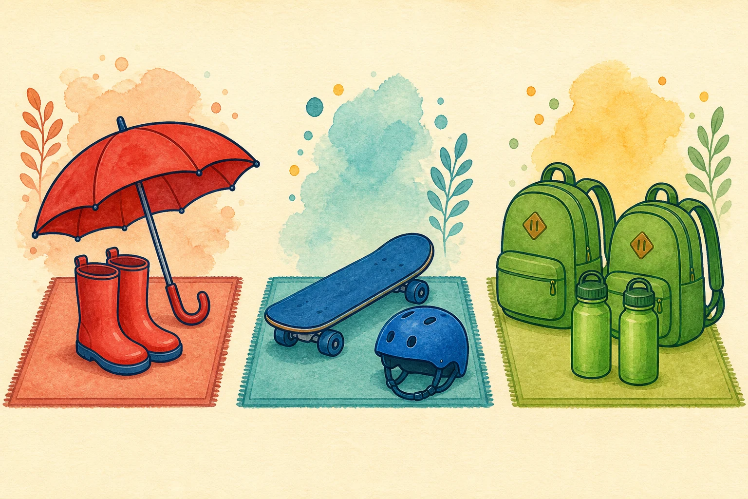 Três tapetes separam um guarda-chuva e botas vermelhos, um skate e capacete azuis, e duas mochilas com duas garrafas verdes.