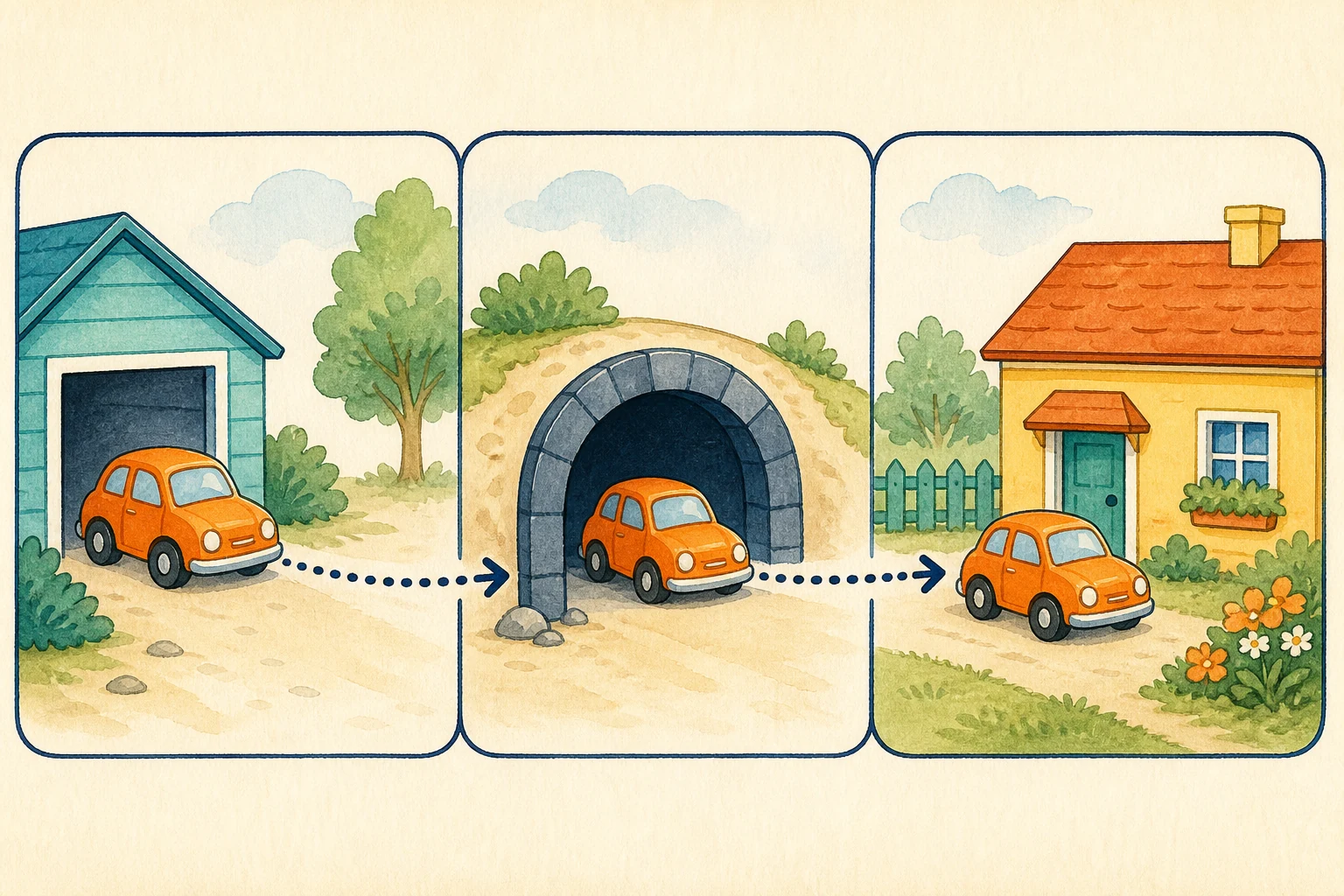Un coche de juguete naranja sale de un garaje, atraviesa un túnel y llega a una casa siguiendo flechas.