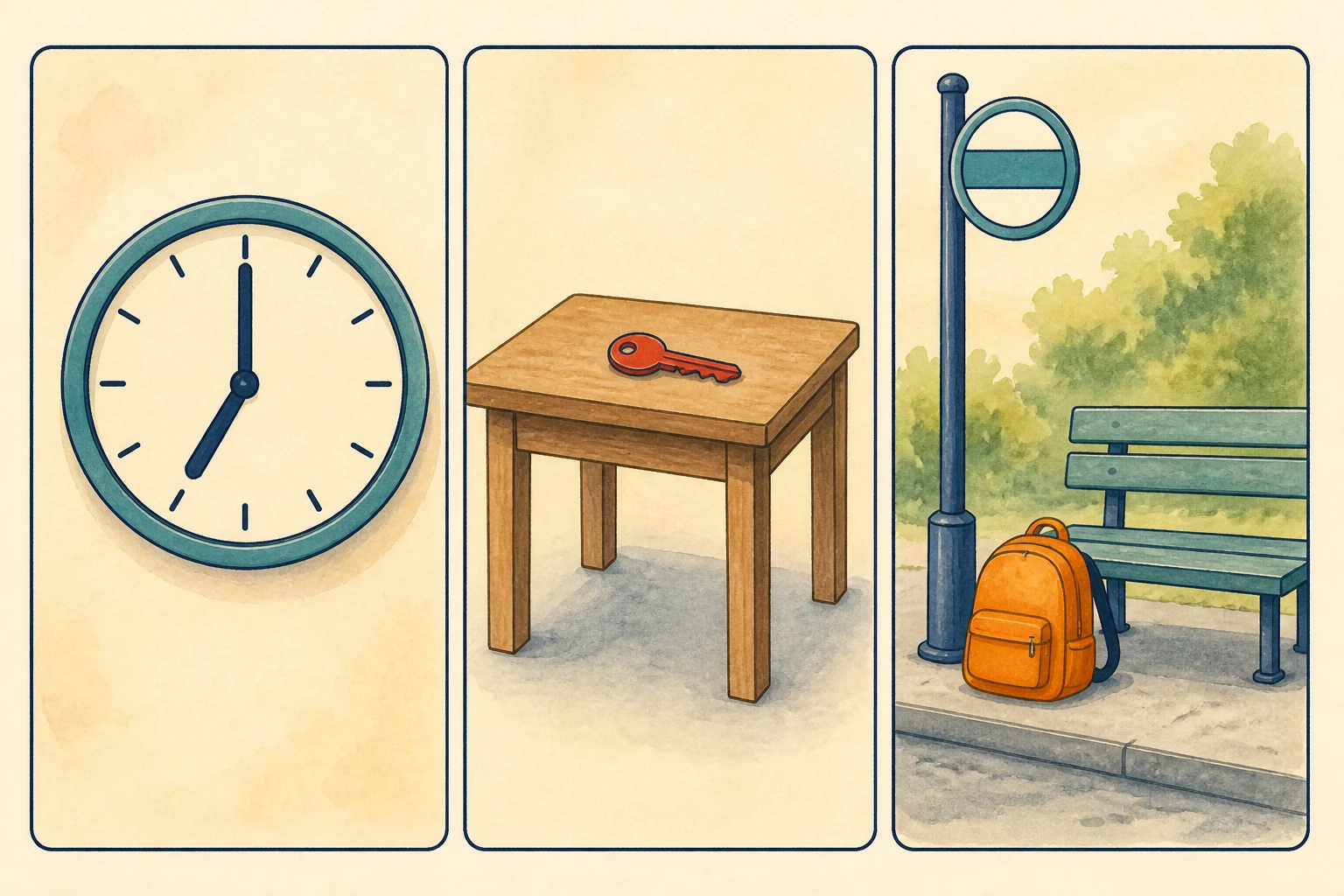 Tres paneles: un reloj marca las siete, una llave roja está sobre una mesa y una mochila naranja está junto a una parada de autobús.