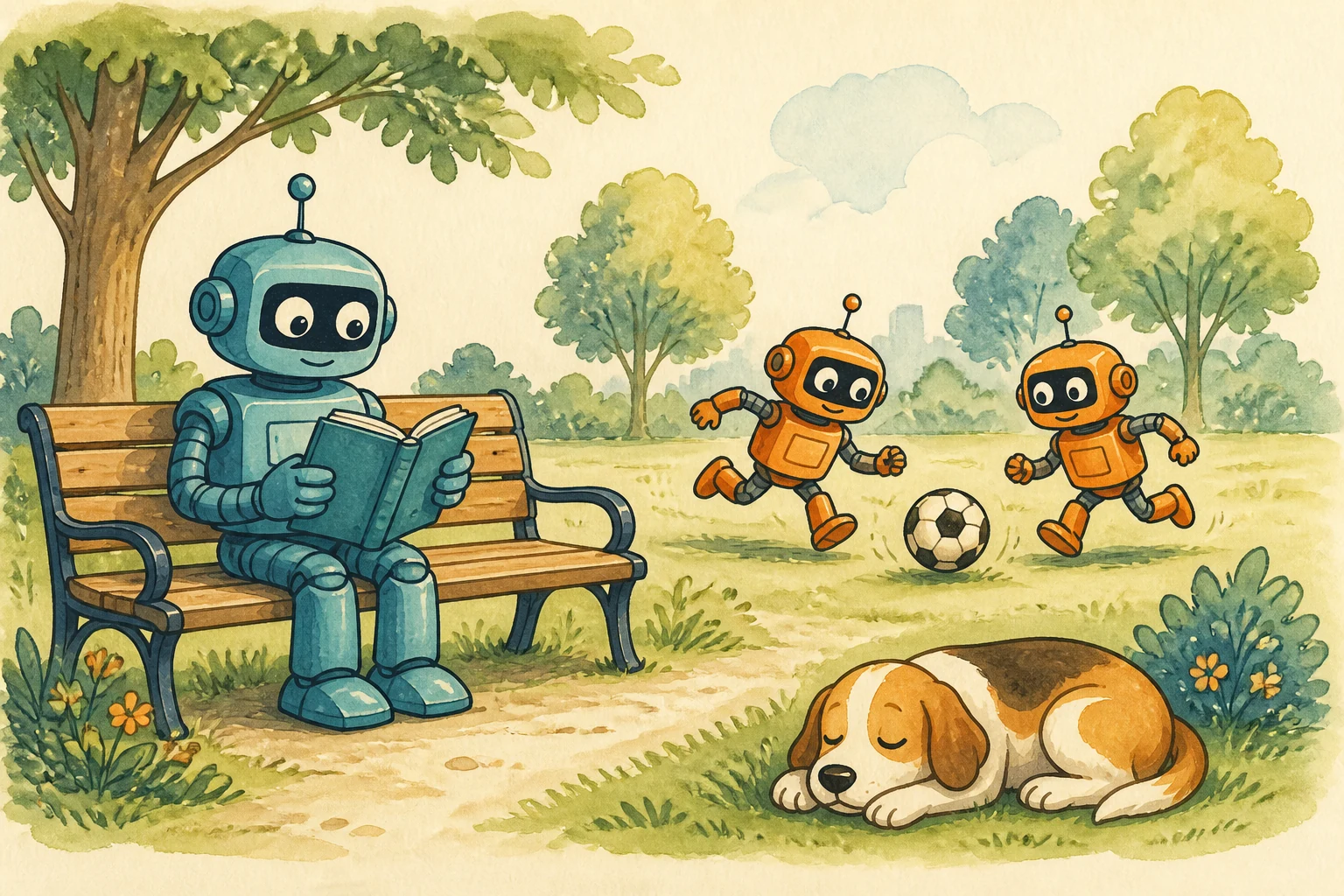 Un robot turquesa lee en un banco, dos robots naranjas juegan al fútbol y un perro duerme en el parque.