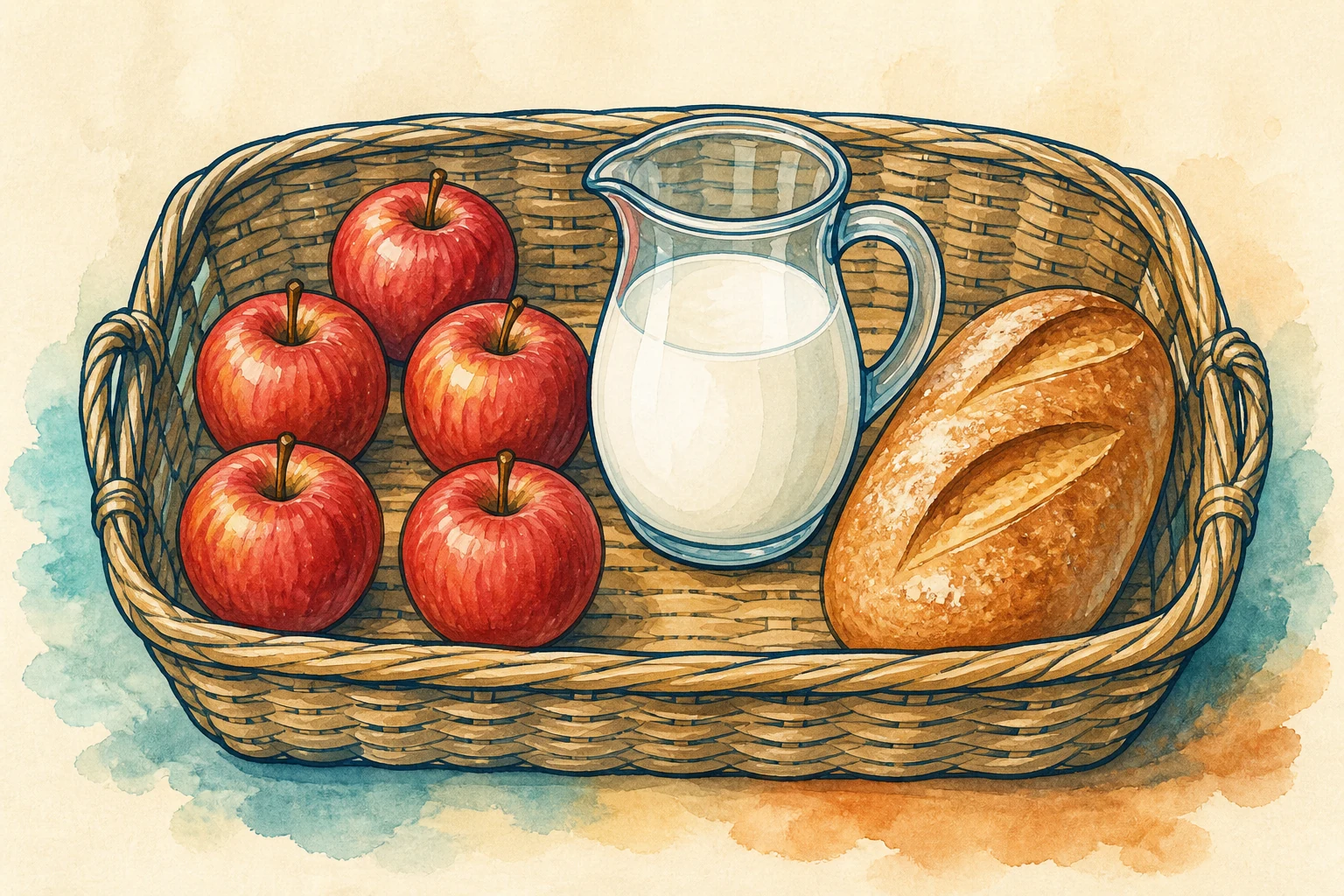 Una cesta de mercado contiene exactamente cinco manzanas, una jarra transparente de leche y una barra de pan.