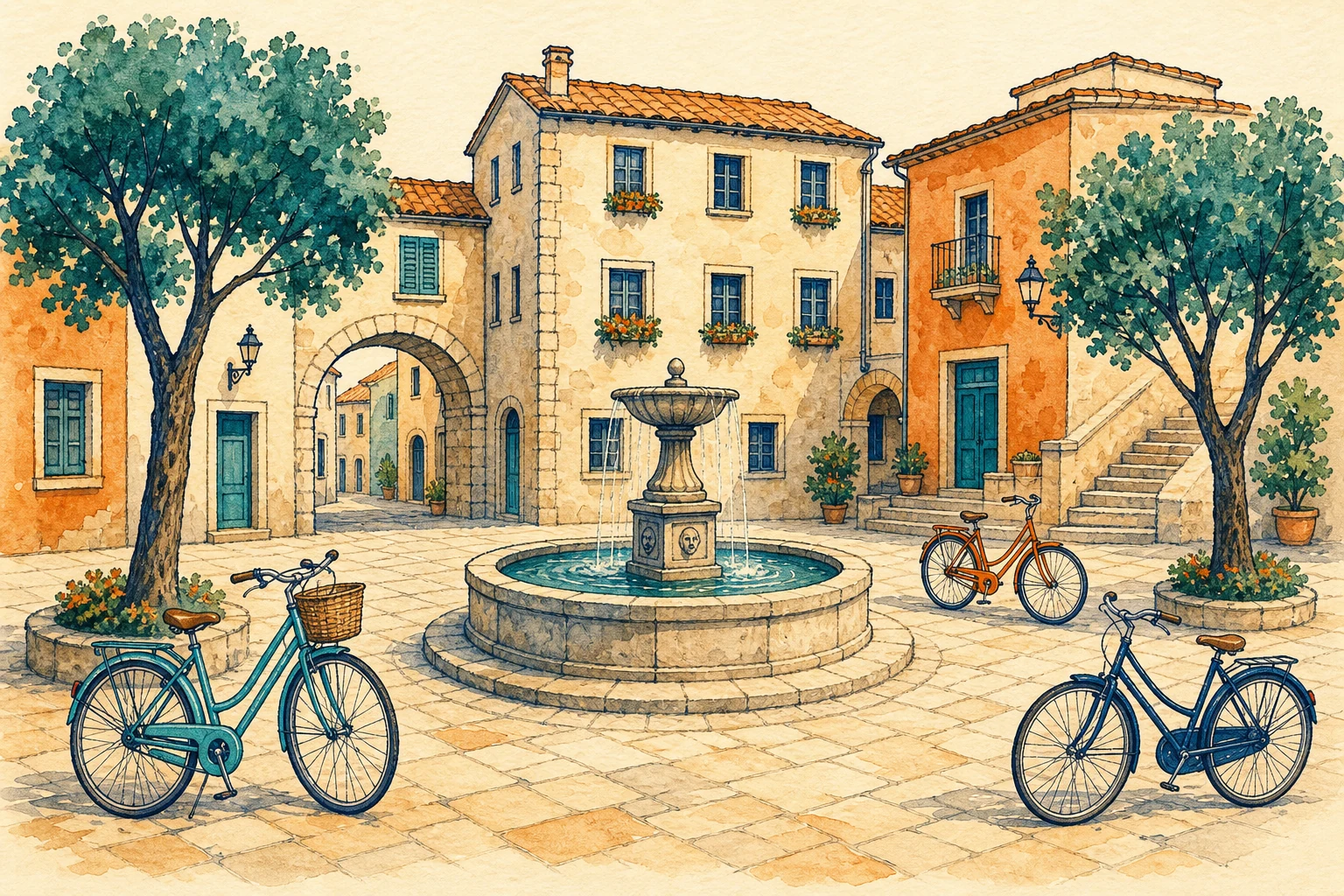 Una piazza antica contiene una fontana, due alberi e tre biciclette, senza automobili.