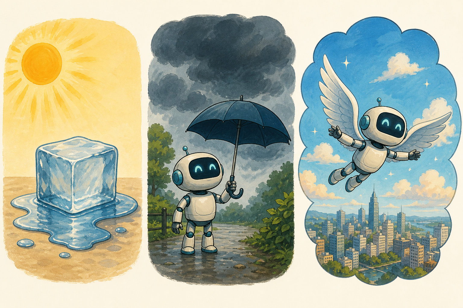 Tres paneles: hielo que se derrite al sol, un robot con paraguas bajo nubes de tormenta y el mismo robot imaginándose con alas sobre una ciudad.