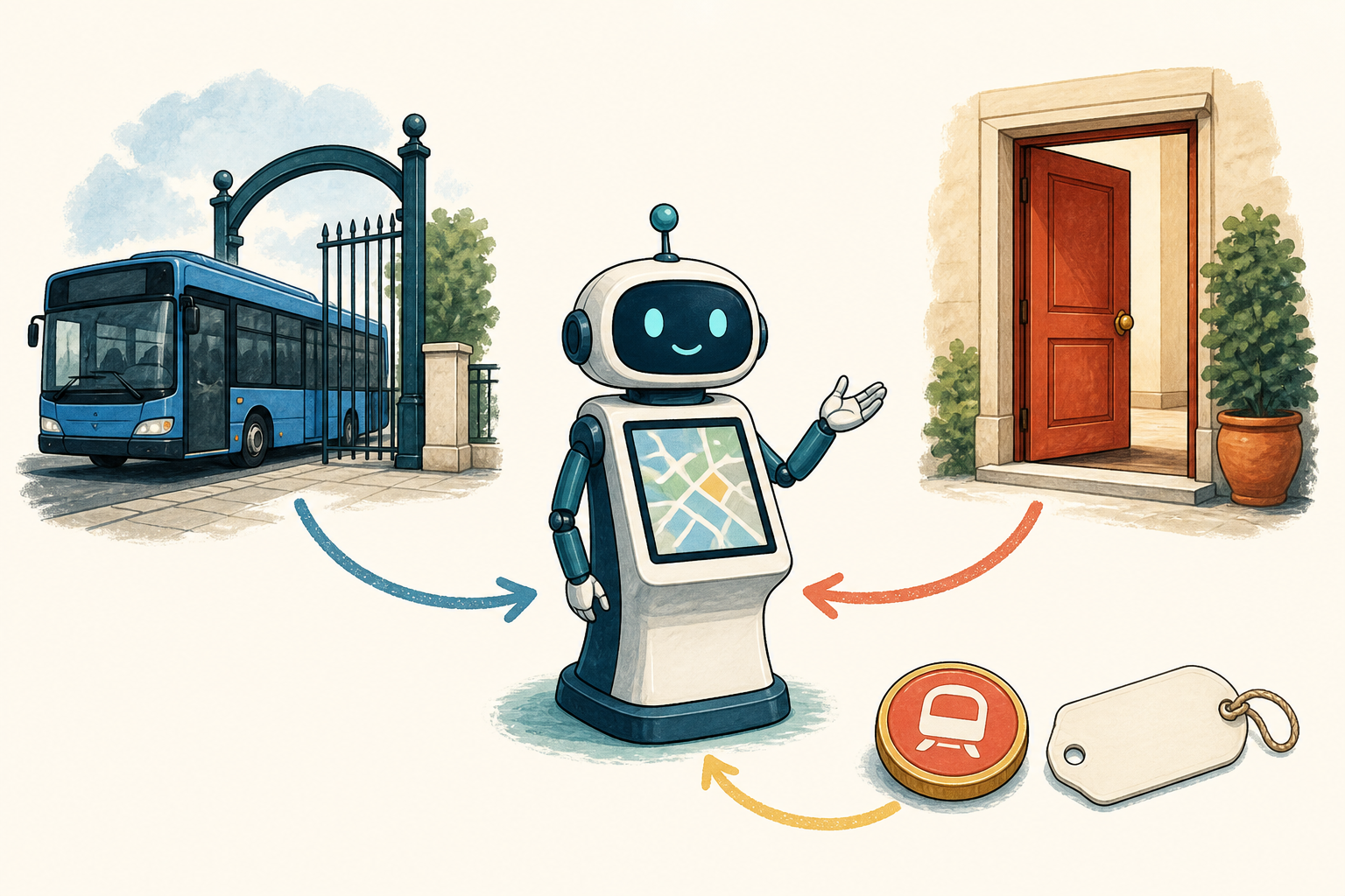 Un robot informativo collega con frecce un autobus blu accanto a un cancello, una porta rossa aperta e un gettone rotondo con etichetta vuota.