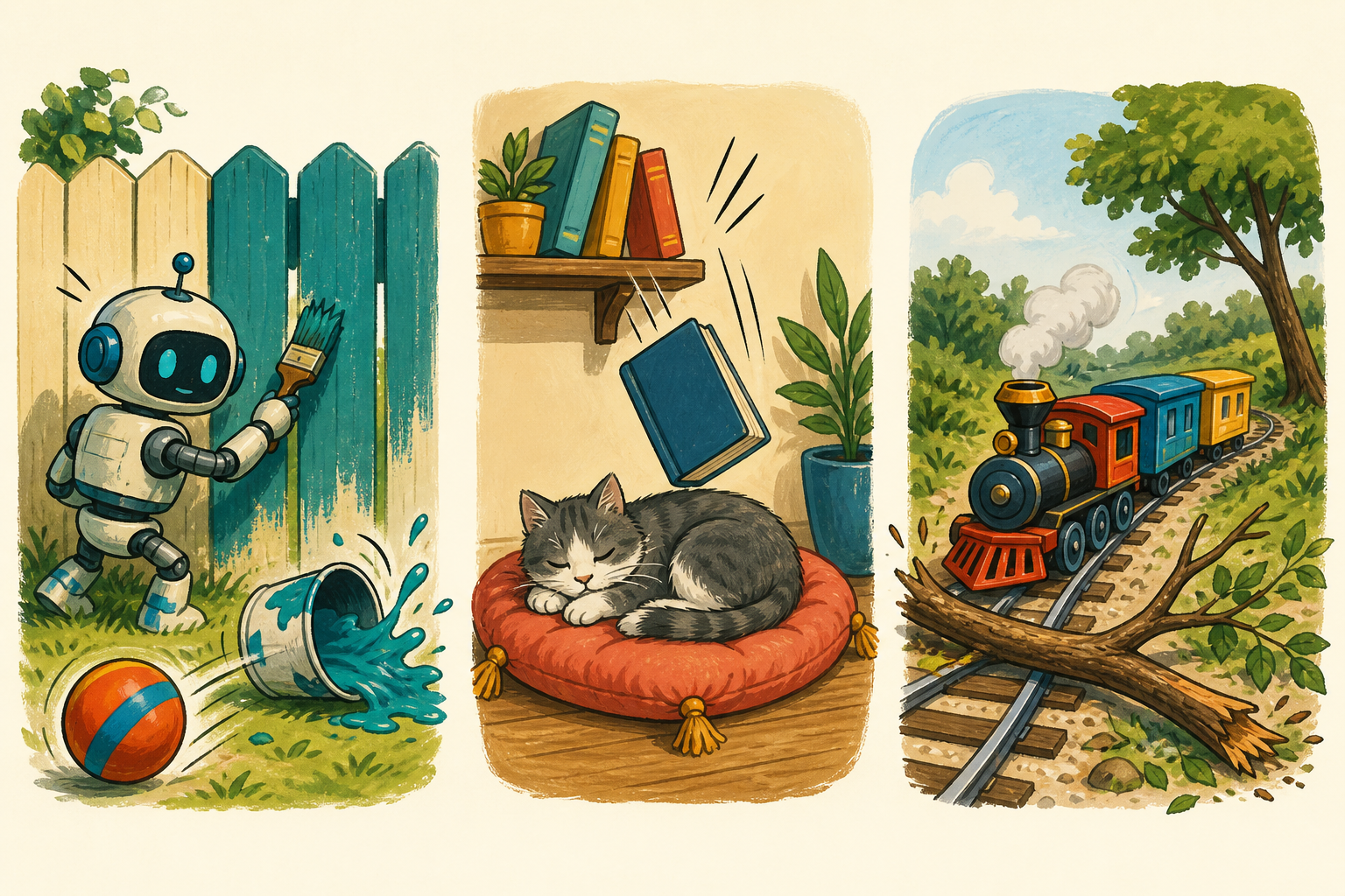 Tre scene: un robot dipinge mentre una palla rovescia il secchio, un gatto dorme mentre cade un libro e un treno avanza verso un ramo caduto.