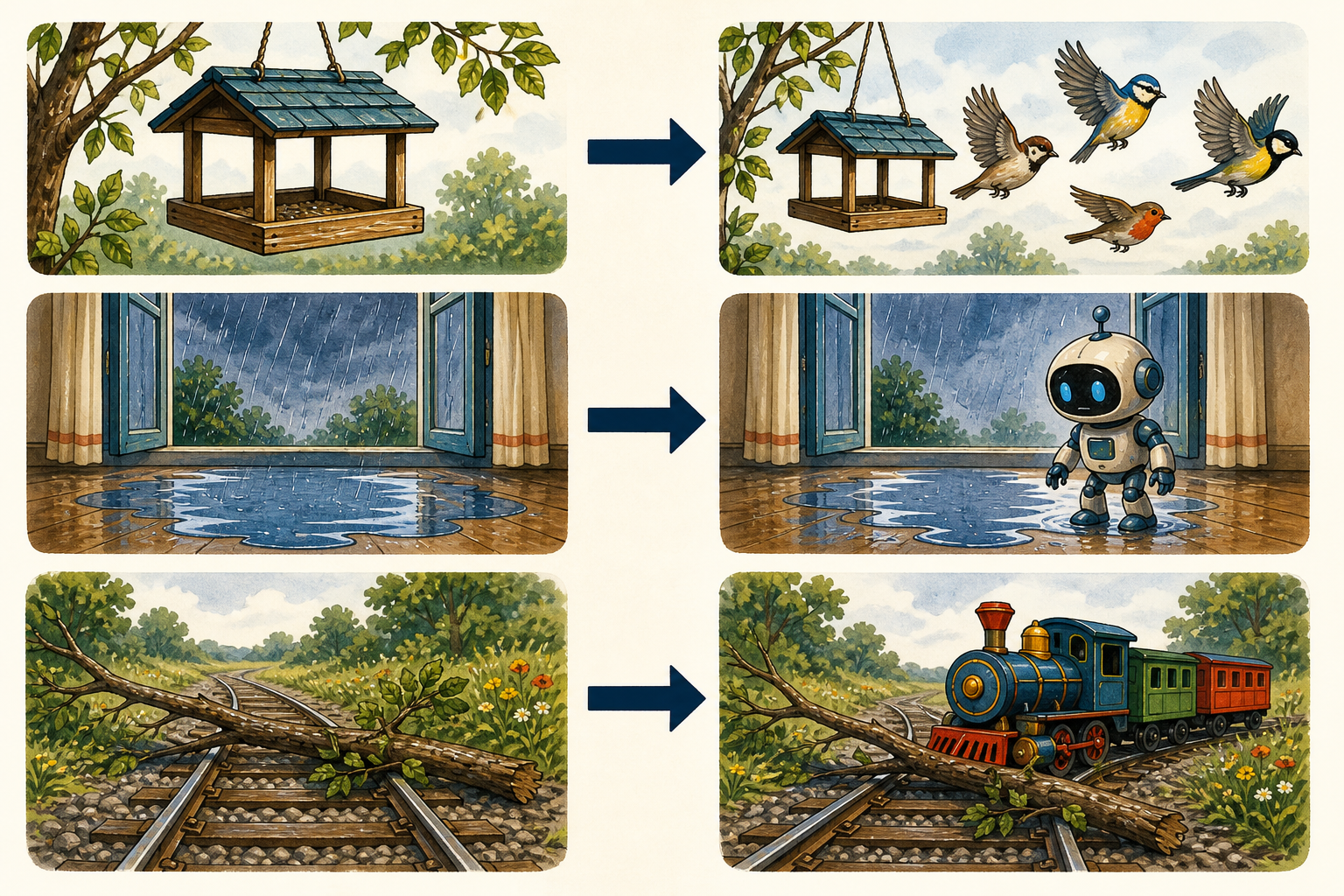 Tre sequenze con frecce: una mangiatoia vuota prima che gli uccelli volino via, pioggia entrata prima dell'arrivo di un robot e un ramo sui binari prima dell'arrivo di un treno.