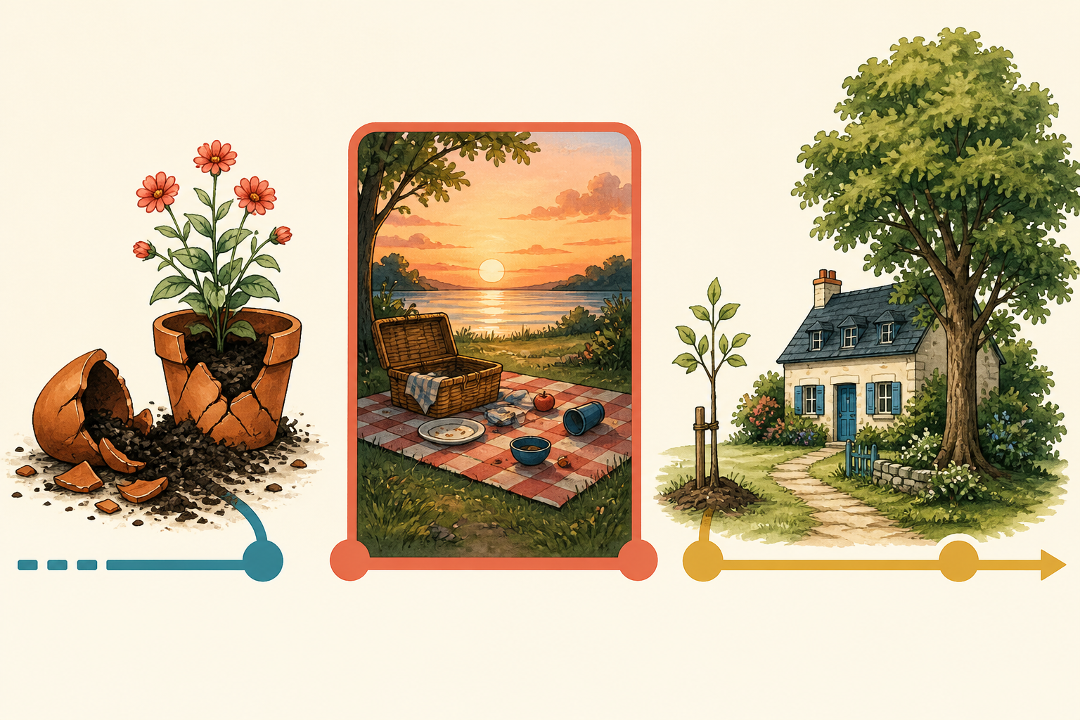 Tre vignette con linee temporali: vasi rotti con terra fresca, un picnic già concluso al tramonto e una casa collegata da un albero giovane a uno ormai grande.