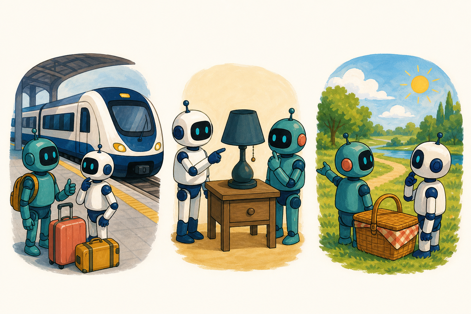 Tres escenas con robots: comprobación junto a un tren y equipaje, confirmación ante una lámpara apagada y propuesta compartida junto a una cesta de picnic.