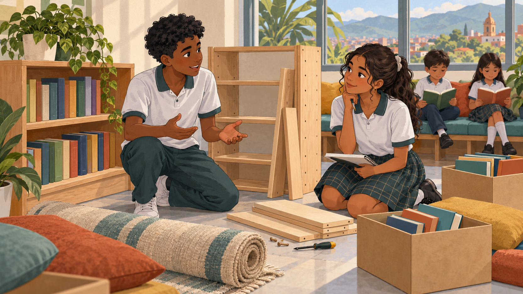 Dos estudiantes conversan junto a una estantería sin montar, con tablas, herramientas y una caja de libros en el suelo.