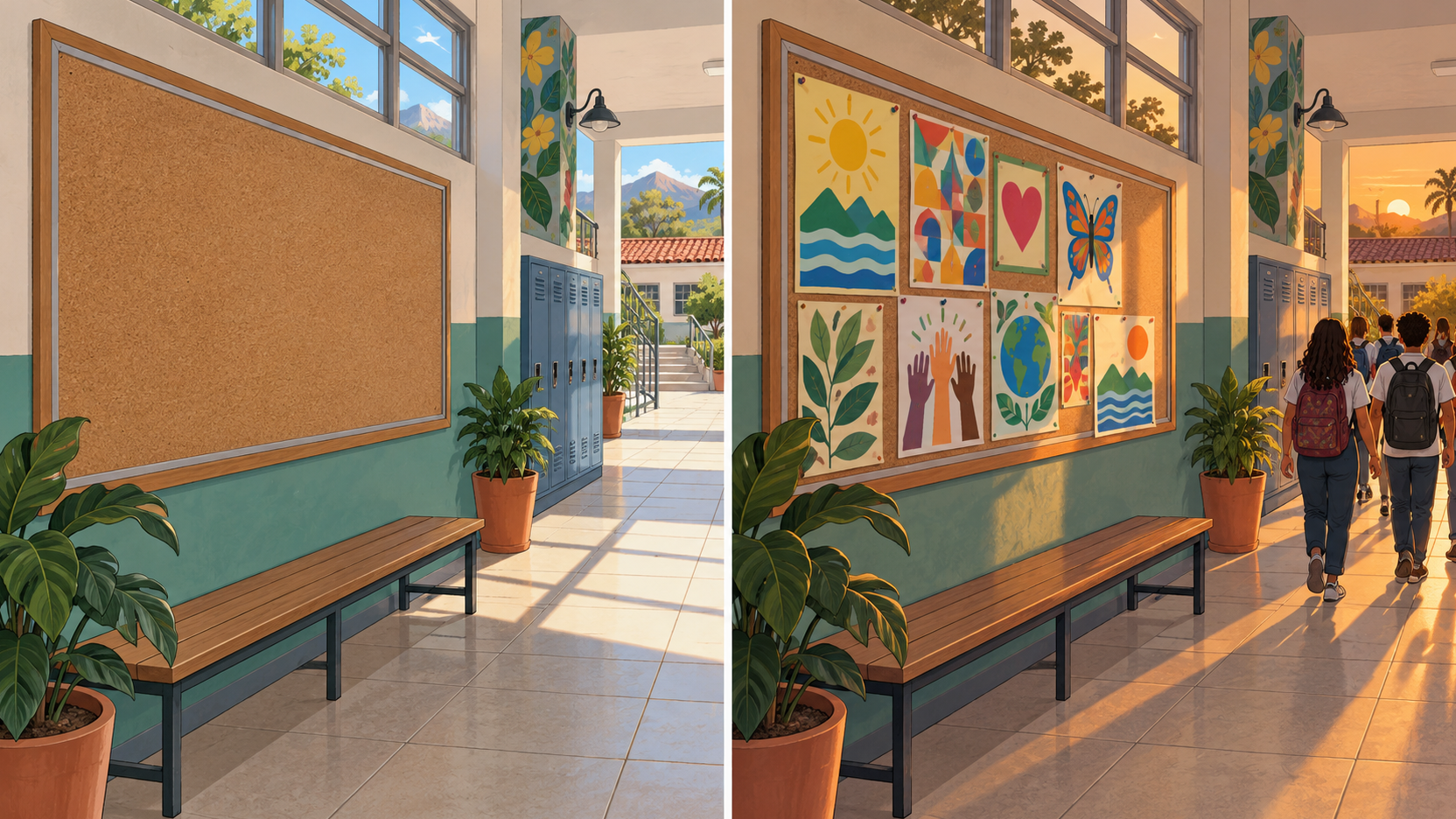 Dos escenas del mismo pasillo muestran una cartelera vacía de día y cubierta de dibujos al atardecer.