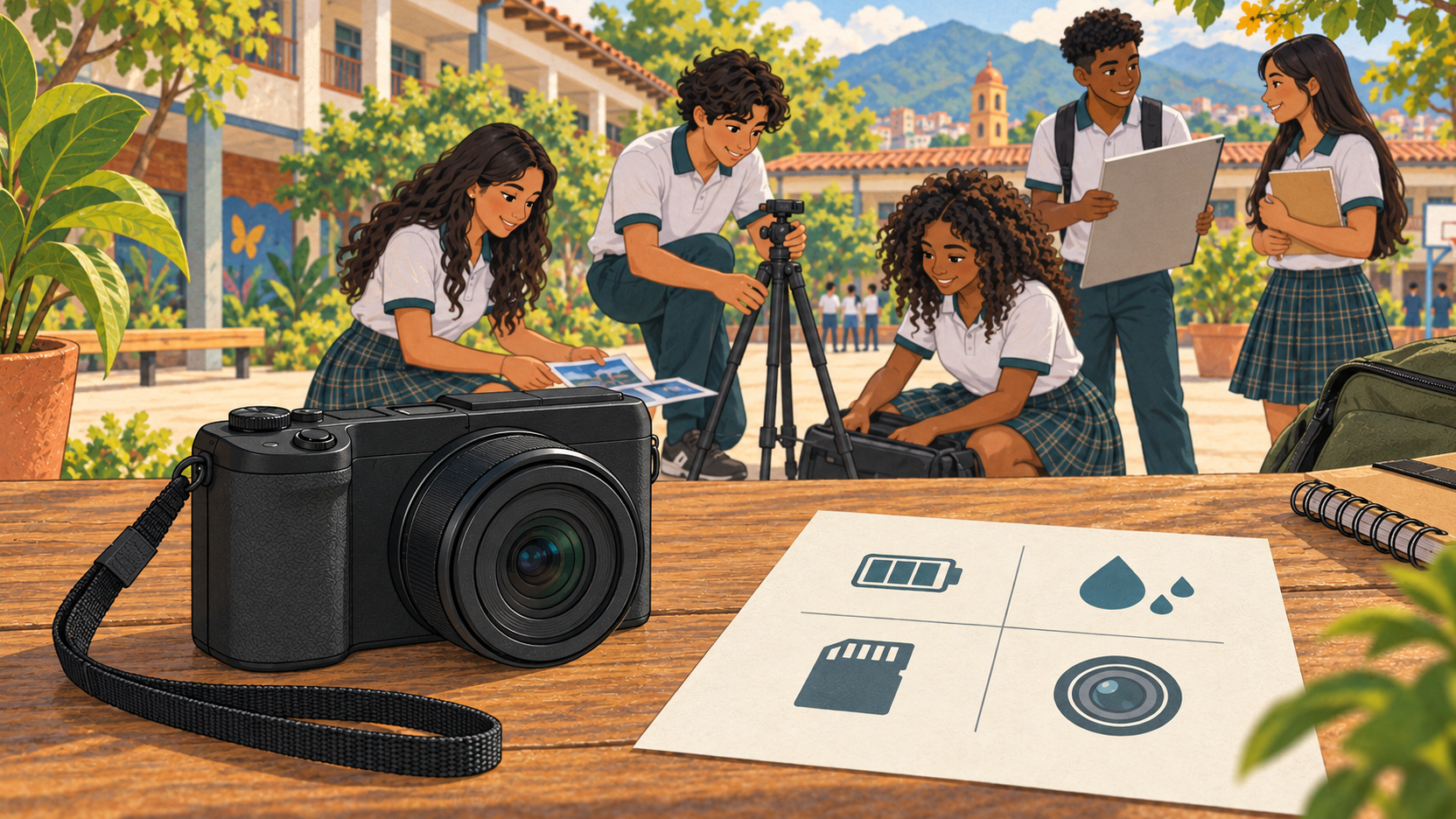 Un grupo de estudiantes prepara una cámara y un trípode; sobre una mesa hay otra cámara y símbolos de batería, agua, memoria y lente.