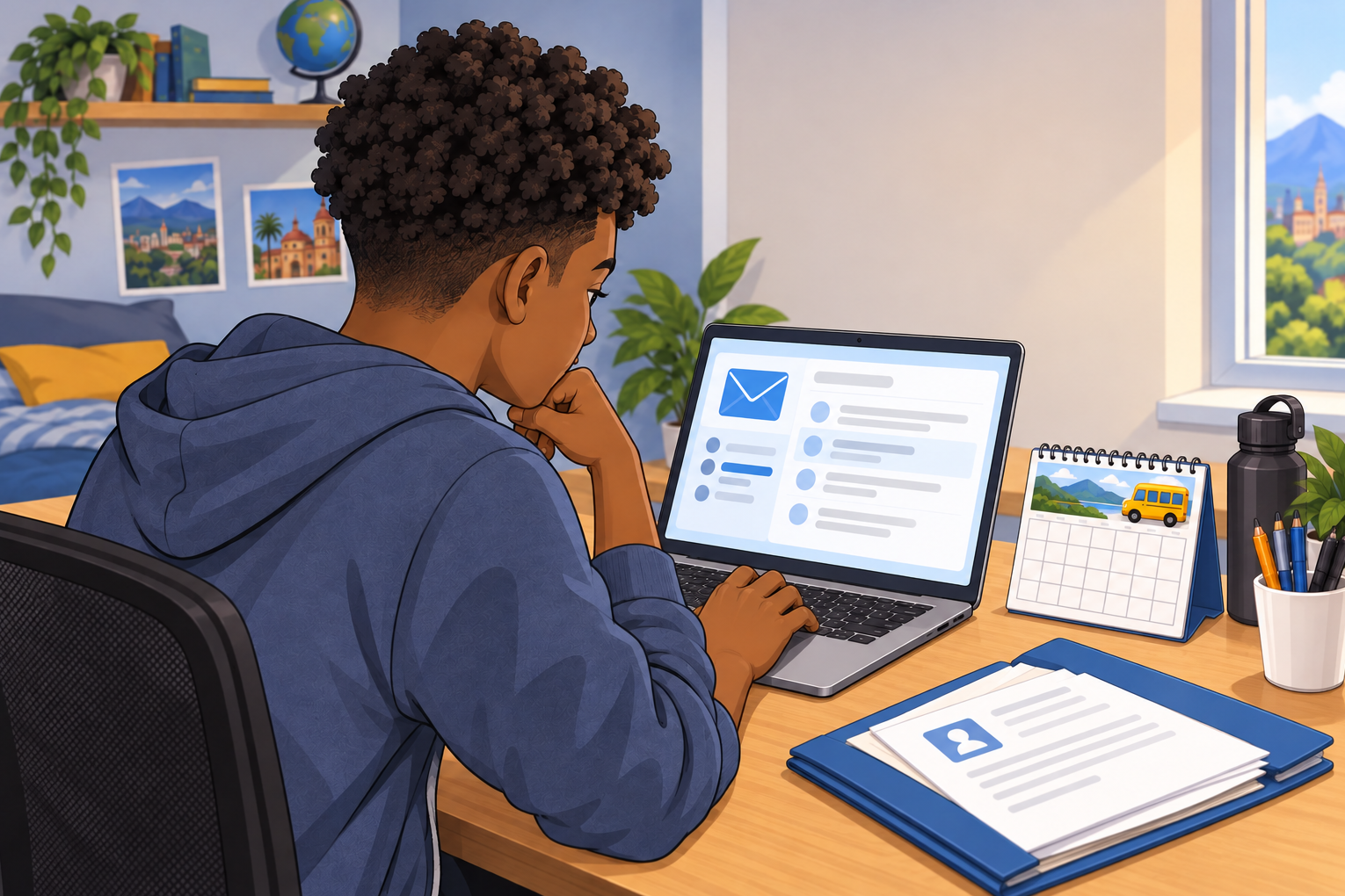 Un estudiante consulta el correo en un ordenador junto a documentos y un calendario ilustrado con un autobús.