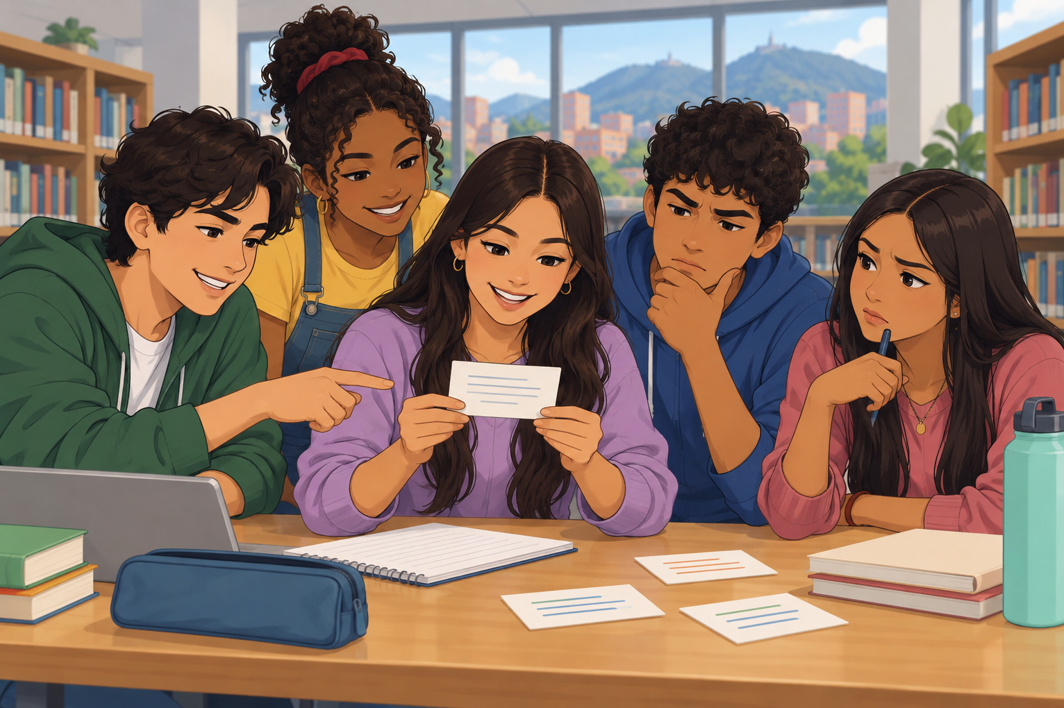 Cinco jóvenes comparan tarjetas de colores sentados alrededor de una mesa con libros y un ordenador.