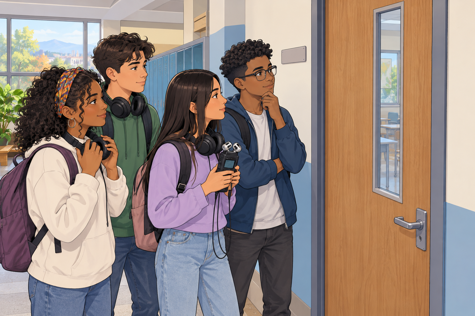 Cuatro estudiantes con auriculares y una grabadora esperan junto a la puerta cerrada de un aula.