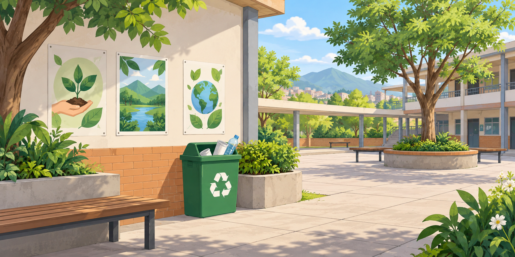 Un patio escolar con carteles ambientales, una papelera de reciclaje, bancos y árboles.