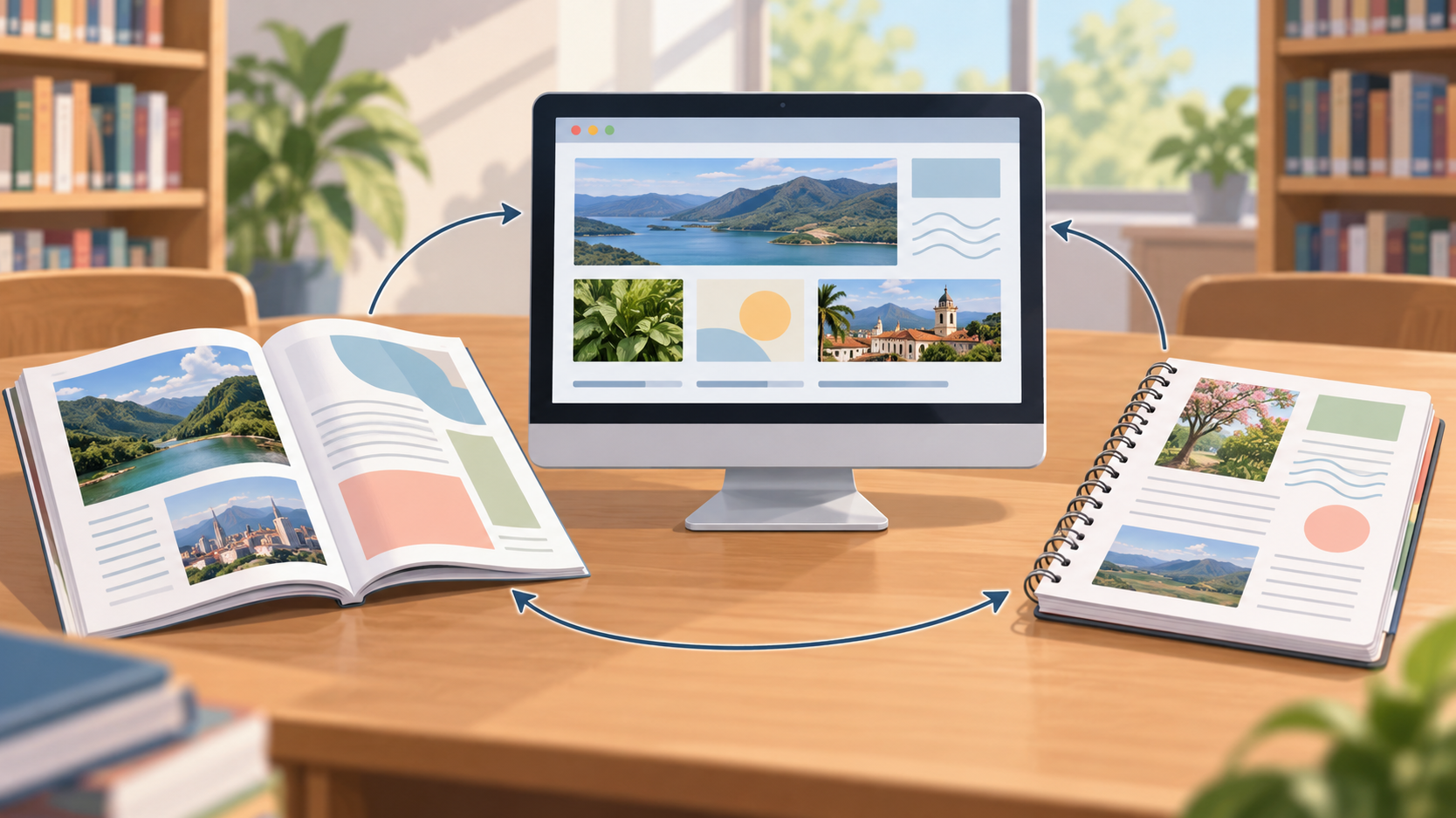Un libro abierto, una pantalla y un cuaderno contienen imágenes de paisajes conectadas mediante flechas.