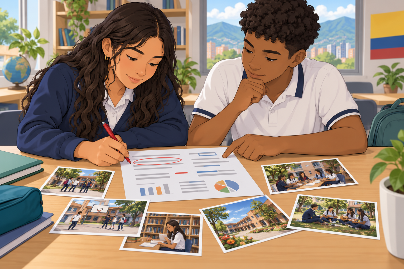 Dos estudiantes revisan un documento con gráficos y fotografías escolares extendidas sobre una mesa.