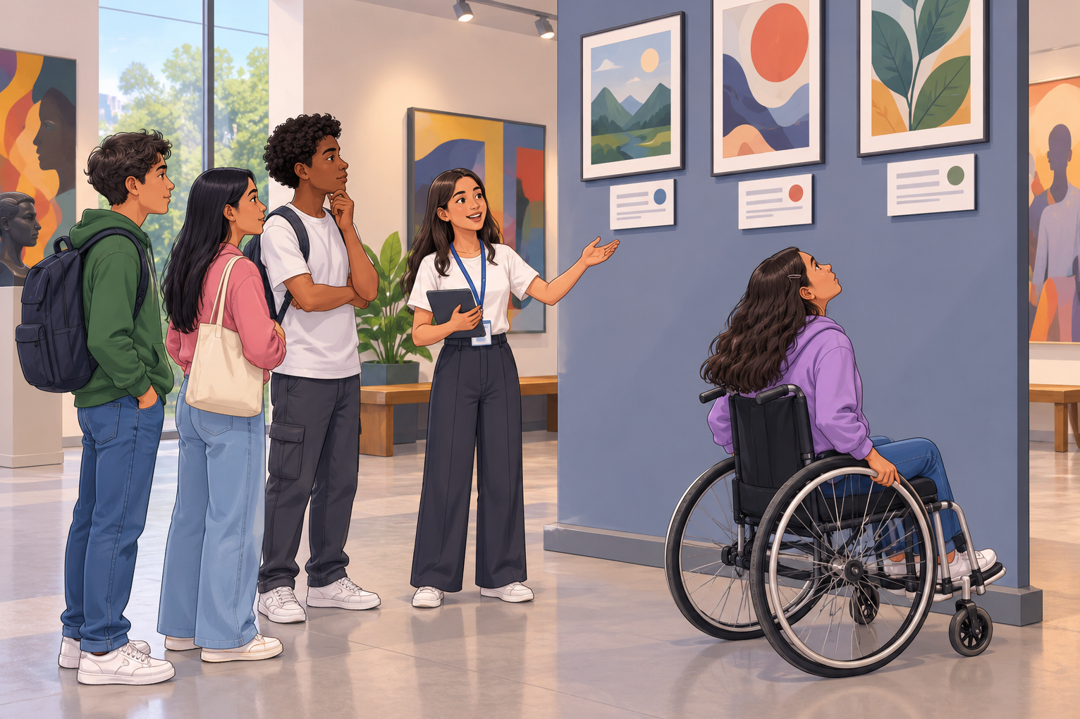 Una guía muestra pinturas a un grupo de estudiantes; una estudiante en silla de ruedas observa las obras de cerca.