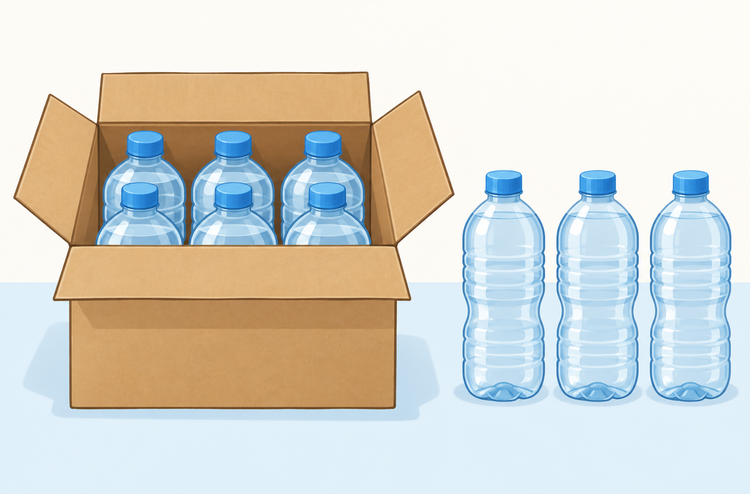 Una caja abierta con varias botellas y otras botellas separadas, sin números ni etiquetas.