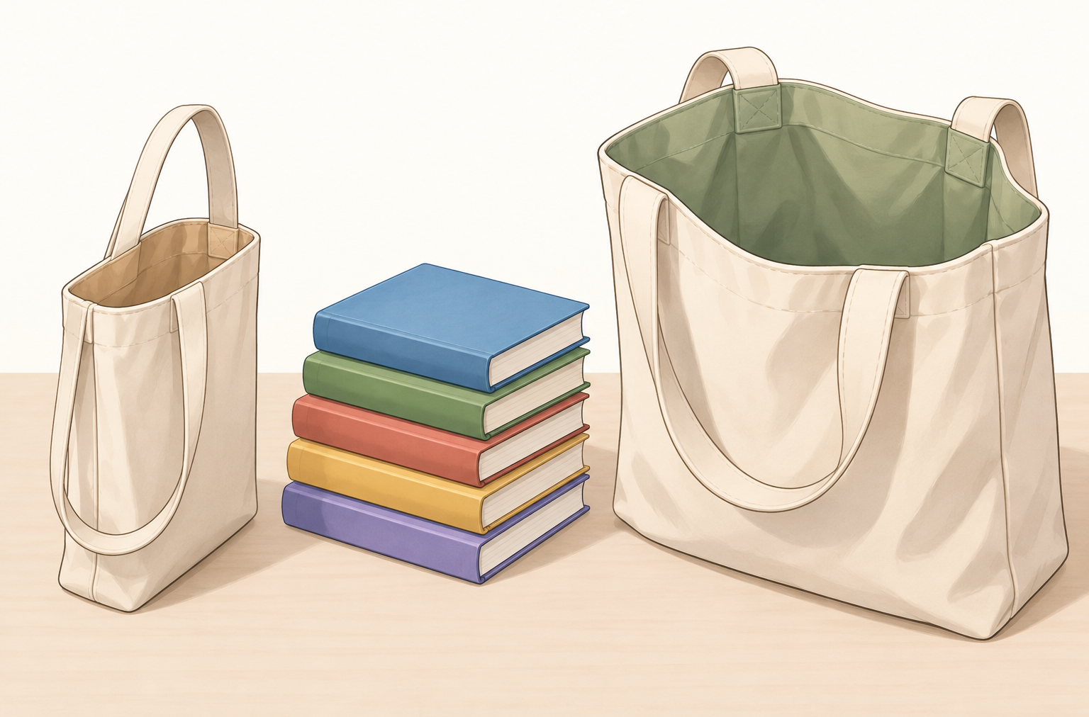 Dos bolsas abiertas con distinto espacio interior y un pequeño montón de libros entre ellas.