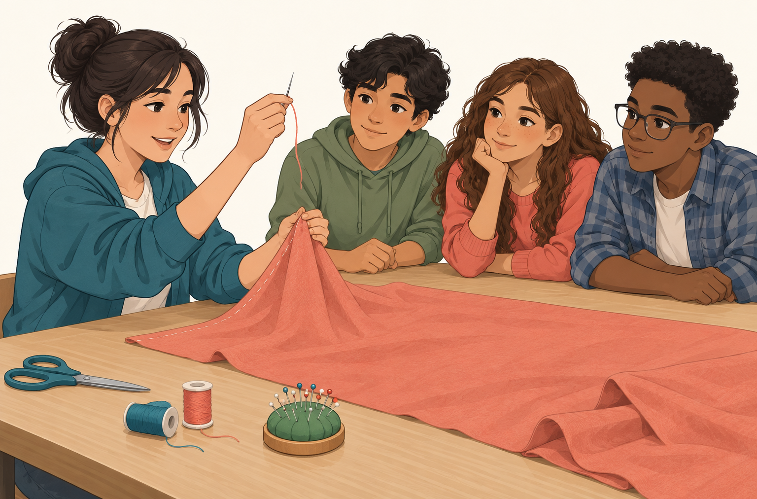 Una mesa con tela y herramientas; una persona muestra un movimiento de costura a un grupo.